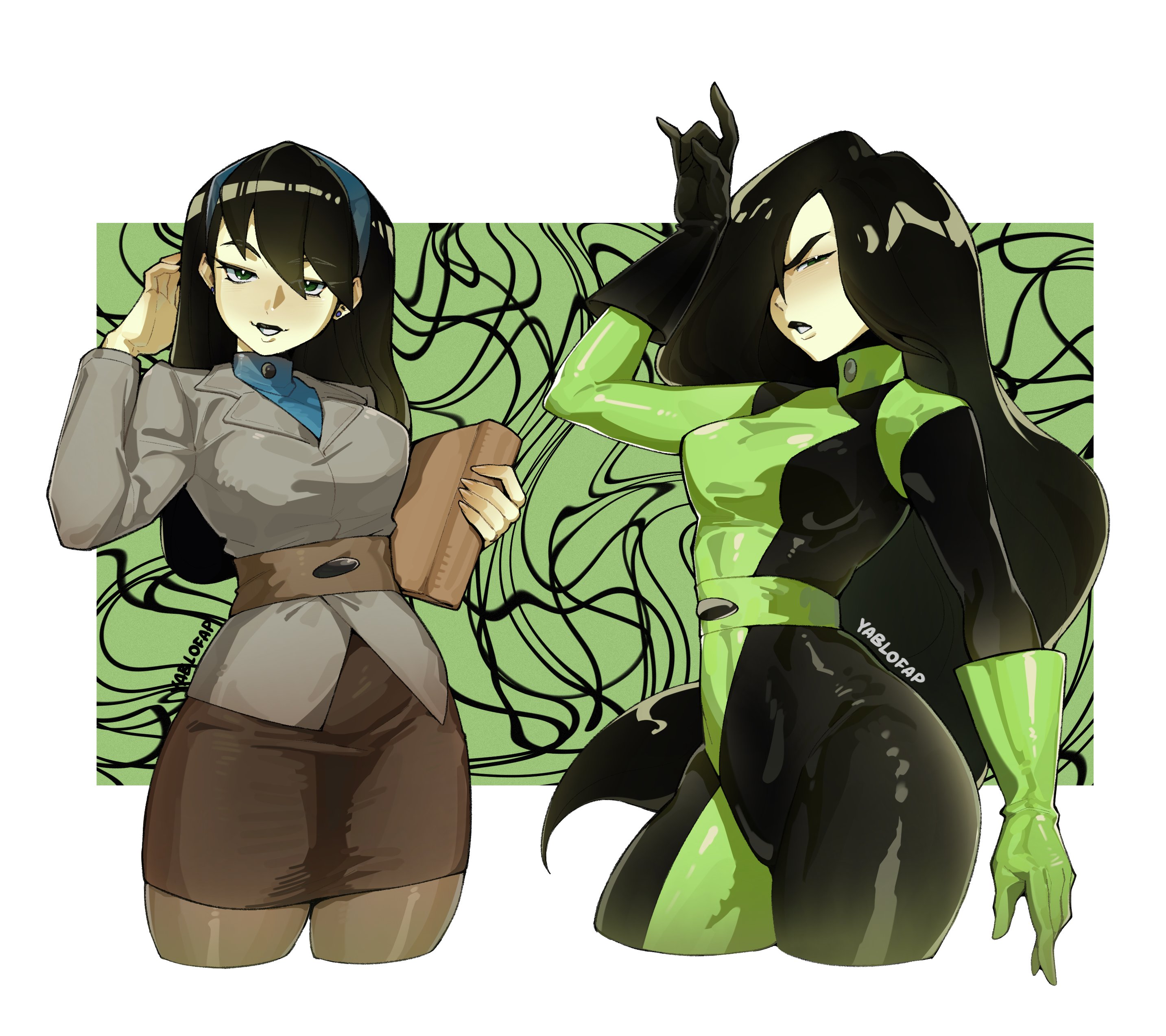 1girls, 2025, 2d, 2d (artwork), absurdres, adjusting hair, alohapz, artist name, background pattern, belt, black gloves, black hair, black lips, blazer, blue shirt, blush, bodysuit, book, breasts, clothed, clothed female, colored skin, female, female only, fully clothed, gloves, green eyes, green gloves, green skin, green-skinned female, highres, jacket, kim possible, large breasts, long hair, looking at viewer, medium breasts, miss go, pantyhose, pencil skirt, questionable, sfw, shego, shirt, skirt, smile, solo, solo female, very long hair, villainess, white border, yablofap