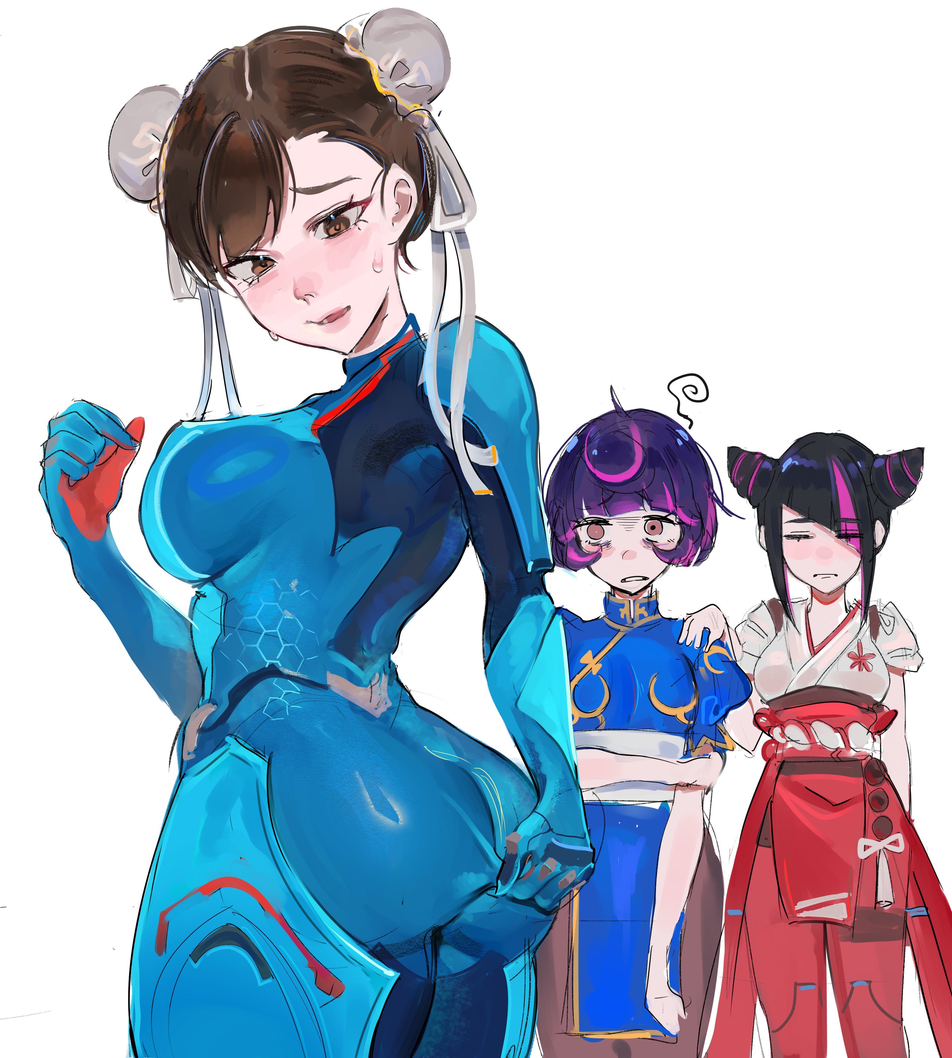2d, 3girls, absurdres, ass, bad id, big ass, big breasts, black hair, blue bodysuit, blush, bodysuit, breasts, brown eyes, brown hair, capcom, chun-li, chun-li (cosplay), chun-li juno, clothes swap, colored bangs, cosplay, costume switch, crossover, dead source, double bun, eastern and western character, female, female only, frown, highres, huge ass, juno (overwatch), juno (overwatch) (cosplay), juri han, kiriko (overwatch), kiriko (overwatch) (cosplay), large ass, large breasts, multicolored hair, multiple females, multiple girls, outfit swap, overwatch, overwatch 2, overwatch league, pink eyes, pink hair, purple hair, short hair, street fighter, street fighter 6, usio 0w0
