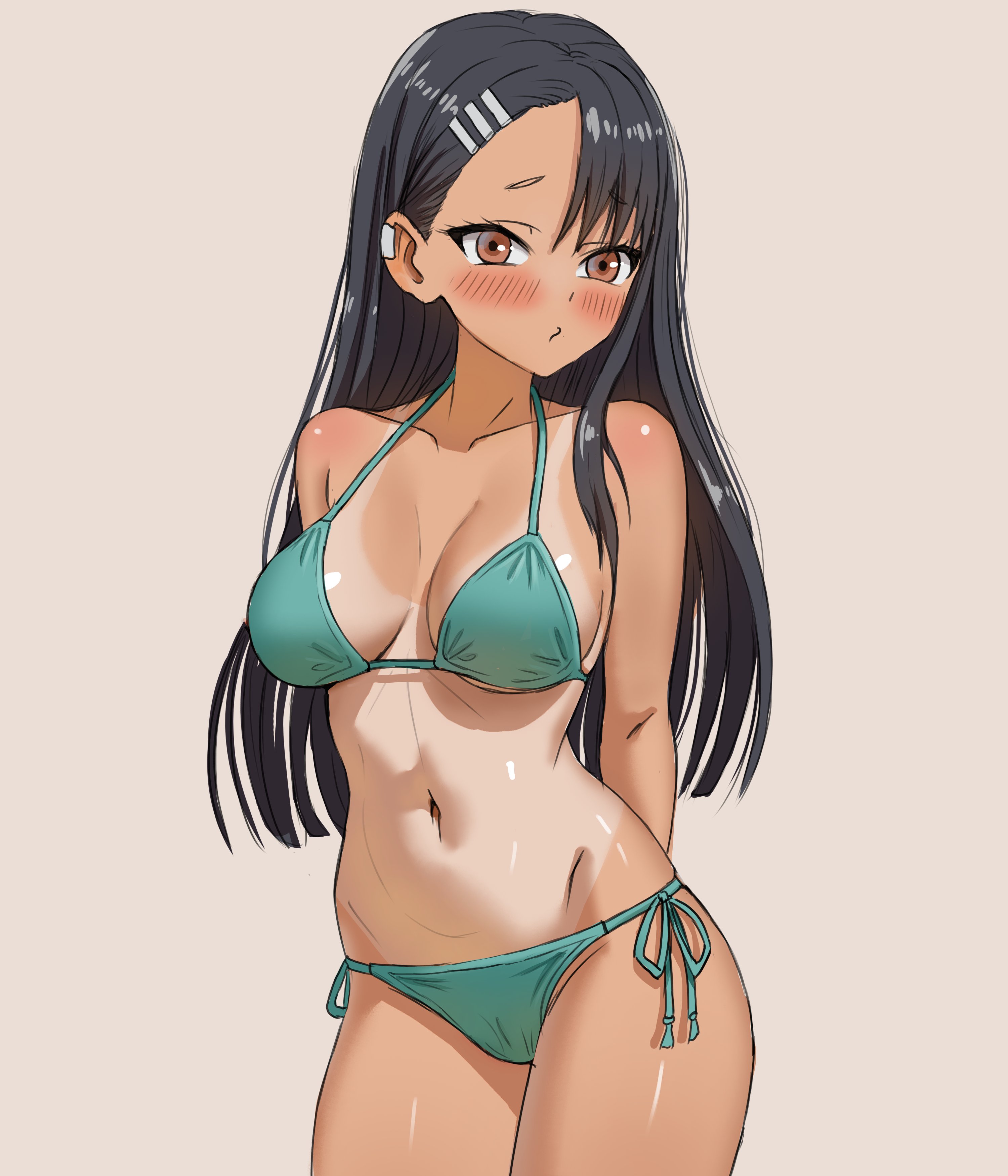 1girls, bikini, black hair, breasts, brown eyes, female, female only, hayase nagatoro, josivalart, please don't bully me, nagatoro, solo, tan, tanline