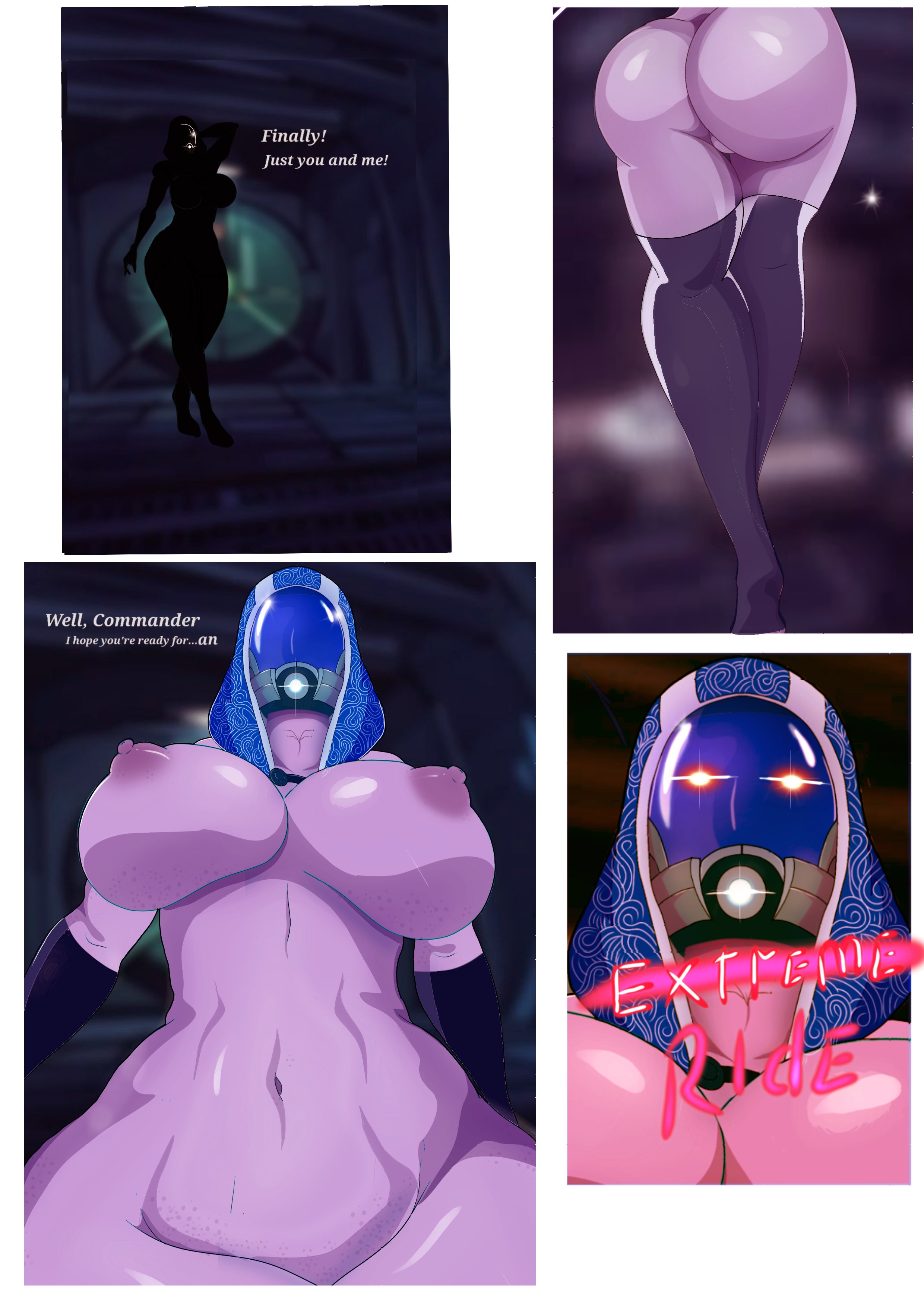 1girls, alien, alien girl, areolae, ass, big ass, big breasts, breasts, dialogue, female, female only, helmet, hood, horny, horny female, imminent sex, lens flare, looking at viewer, masked female, mass effect, nipples, nude, nude female, quarian, rodler-h8, silhouette, solo, tali'zorah nar rayya, talking to viewer, text, thick thighs, wide hips