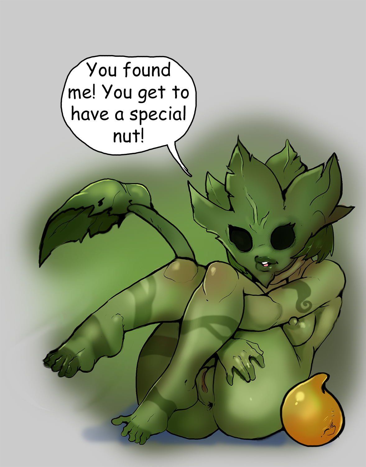 1girls, anthro, anus, ass, breasts, breath of the wild, curvy, empty eyes, english text, female, female only, green skin, korok, korok female, markydaysaid, nintendo, pussy, seed, solo, speech bubble, text, the legend of zelda, video games