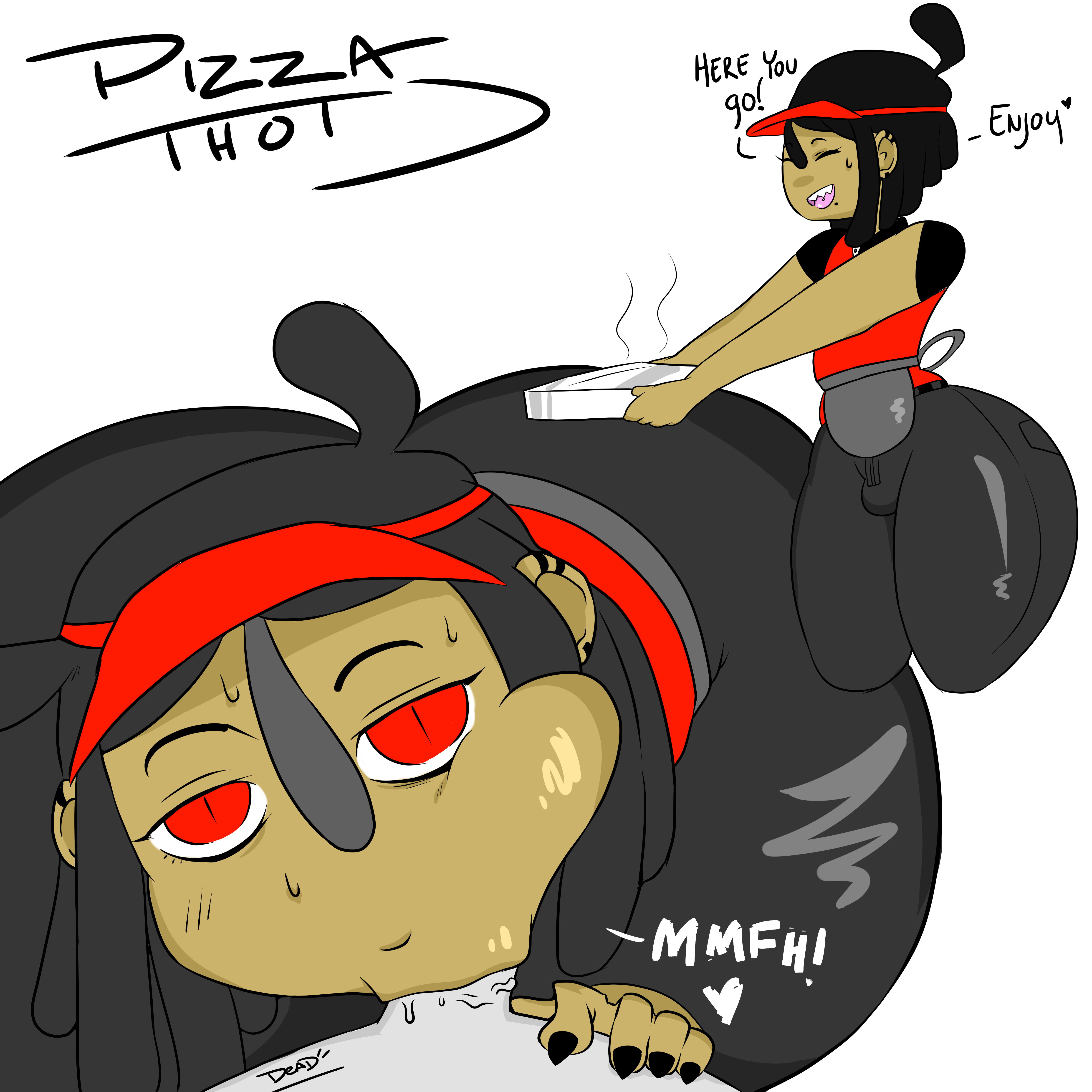 2boys, aiken (deadzii), cheek bulge, dark male only, dark skin, dark-skinned femboy, dark-skinned male, deadzii, fellatio, femboy, femboy on male, gats, male, oral, oral sex, penis, pizza, pizza thot, red eyes, sharp teeth, thick thighs, veiny penis, wide hips