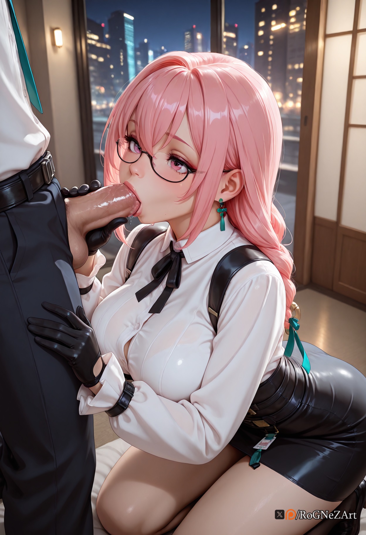 1boy, 2025, ai generated, balls, bangs, belt, black belt, black gloves, black pants, black skirt, blush, braid, breasts, collared shirt, dress shirt, earrings, erection, fellatio, female, female focus, glasses, gloves, hair between eyes, hoyoverse, indoors, jewelry, kneeling, large breasts, lips, long hair, long sleeves, male, mihoyo, miniskirt, mosaic censoring, neck ribbon, night, office lady, oral, pants, pantyhose, pencil skirt, penis, pink eyes, pink hair, ribbon, rognezart, saliva, semi-rimless eyewear, shirt, shirt tucked in, sidelocks, skirt, solo, solo focus, straight, suspenders, testicles, tsukishiro yanagi, uncensored, veins, white shirt, window, zenless zone zero
