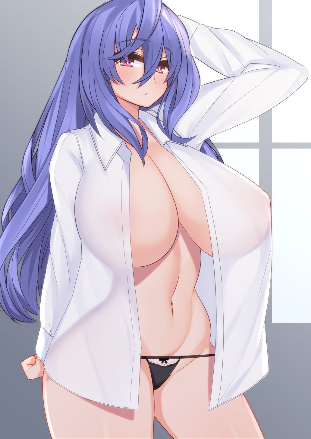 1girls, alternate breast size, arm up, blue hair, blush, bow, bow panties, breasts, covered nipples, dura, eyebrows visible through hair, female, highres, huge breasts, iris heart, long hair, looking at viewer, navel, neptunia (series), no bra, open clothes, open shirt, panties, plutia, power symbol, red eyes, solo, symbol-shaped pupils, underwear, very long hair, white shirt