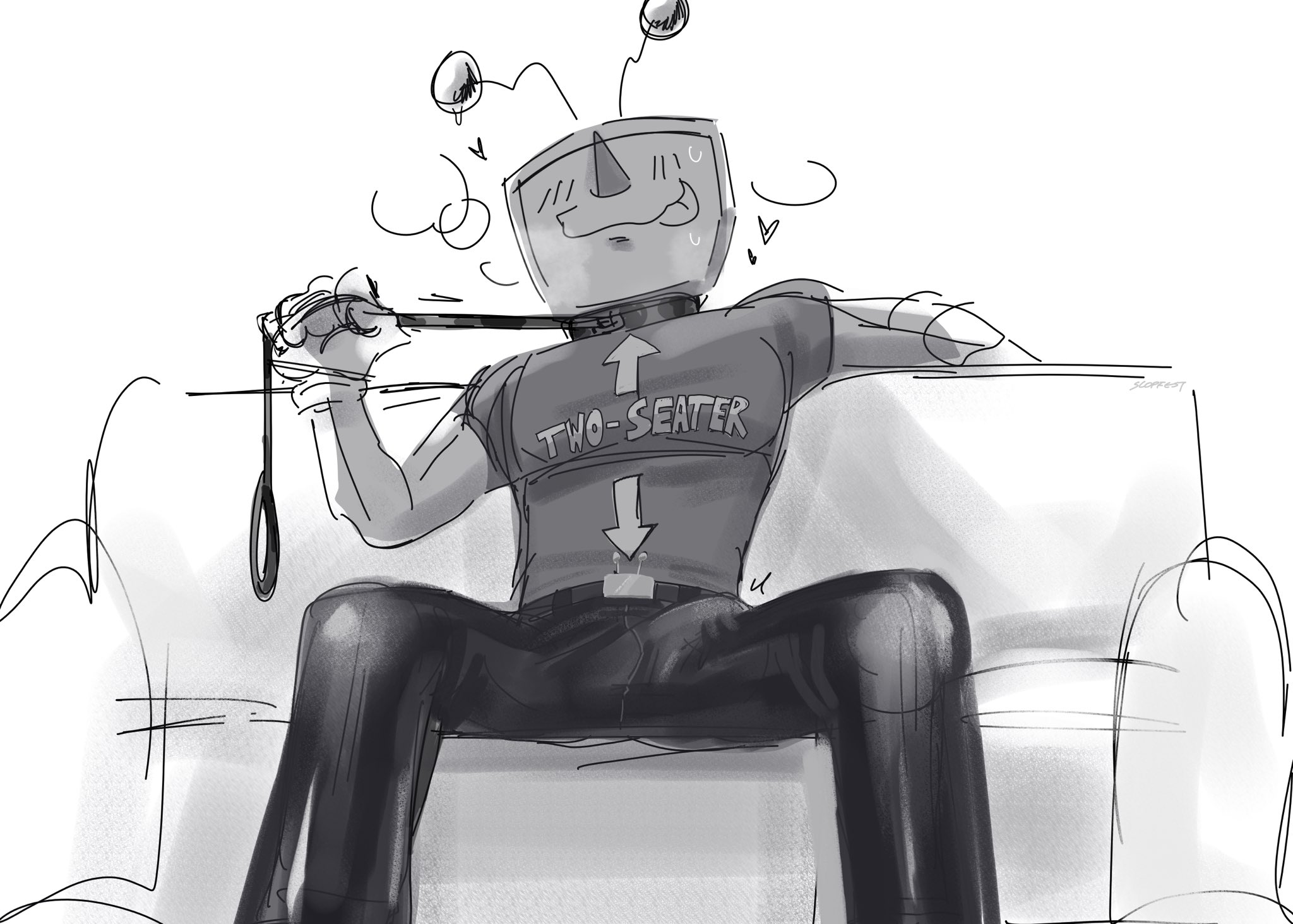 1boy, 2d, arrow (symbol), arrow pointing to crotch, arrow pointing to face, bulge, bulge through clothing, bulge under clothes, clothed, clothing, collar, deltarune, deltarune chapter 3, english text, funny shirt, horny, horny male, leash, leash and collar, leash pull, male, male only, manspreading, monochrome, shirt, simple background, sitting, solo, solo focus, t-shirt, tenna (deltarune), text on clothing, text on shirt, text on topwear