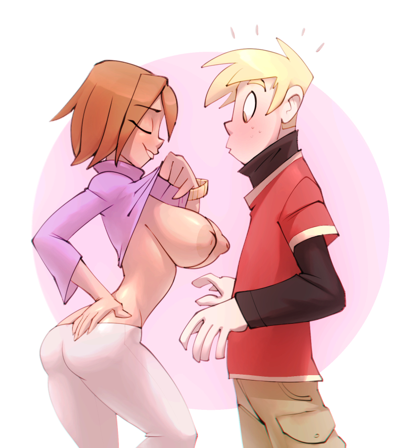 1boy 1girls ass big_breasts bigdad blonde_hair bonnie_rockwaller breast_awe breasts brown_hair brown_skin bubble_butt closed_eyes clothing disney exposed_breasts female flashing flirting hand_on_ass huge_breasts kim_possible large_breasts male nipples ron_stoppable shirt_lift short_hair simple_background staring staring_at_breasts teasing voluptuous