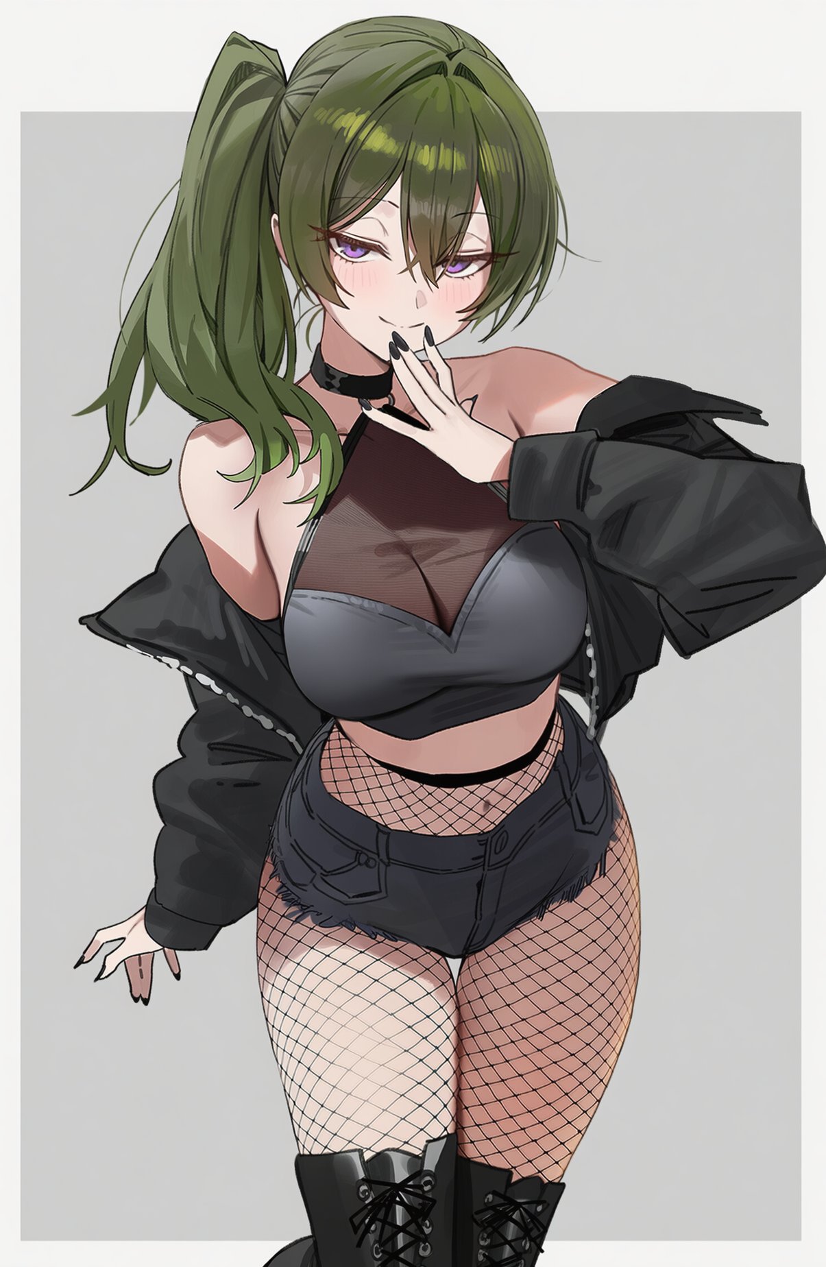 1girls, ai generated, aiart fring, alternate costume, bare shoulders, black choker, black shorts, breasts, choker, cleavage, collarbone, crop top, female, female only, green hair, looking at viewer, navel, purple eyes, short shortsshorts, side ponytail, simple background, smile, solo, sousou no frieren, standing, stomach, tagme, thighhighs, thighs, ubel (sousou no frieren), white background