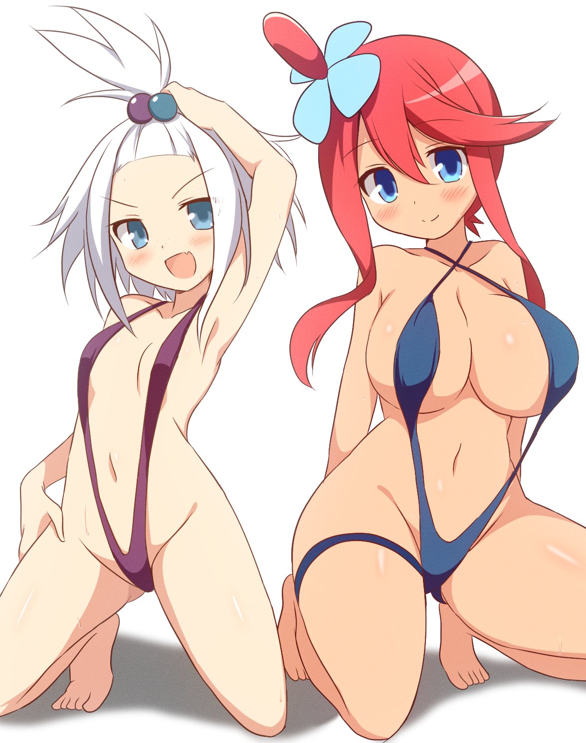 2girls, arm up, armpits, arms behind back, ass visible through thighs, bare arms, bare belly, bare legs, bare shoulders, bare thighs, barefoot, belly button, big breasts, blue eyes, blue slingshot swimsuit, blush, breasts, cleavage, closed mouth, collarbone, curakuru, cute fang, dark-skinned female, feet, female, female only, gym leader, hair ornament, hand on own leg, long hair, medium hair, multiple girls, nintendo, one-piece swimsuit, open mouth, pokemon, pokemon bw, pokemon bw2, purple slingshot swimsuit, red hair, roxie (pokemon), sideboob, skyla (pokemon), slingshot swimsuit, small breasts, smile, squatting, swimsuit, thick thighs, thighs, toes, white hair