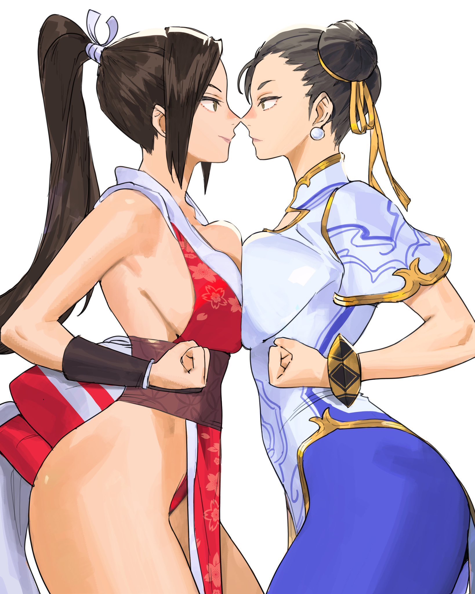 2girls, akiman pose, ass, backless dress, backless outfit, blue pantyhose, breast press, breast to breast, breasts, brown eyes, brown hair, capcom, catfight, chilicayenne2d, china dress, chinese clothes, chun-li, chun-li (street fighter 6), clenched hand, closed mouth, commentary, cowboy shot, crossover, derivative work, double bun, dress, earrings, english commentary, fatal fury, female, female only, hair bun, hair ribbon, high ponytail, highres, japanese clothes, jewelry, king of fighters, large breasts, long hair, looking at another, mai shiranui, motoyui, multiple females, multiple girls, noses touching, pantyhose, parody, pearl earrings, pelvic curtain, ponytail, revealing clothes, ribbon, short hair, sideboob, simple background, snk, staredown, street fighter, street fighter 6, symmetrical docking, toned, toned female, white background, white dress, yellow ribbon, yuri