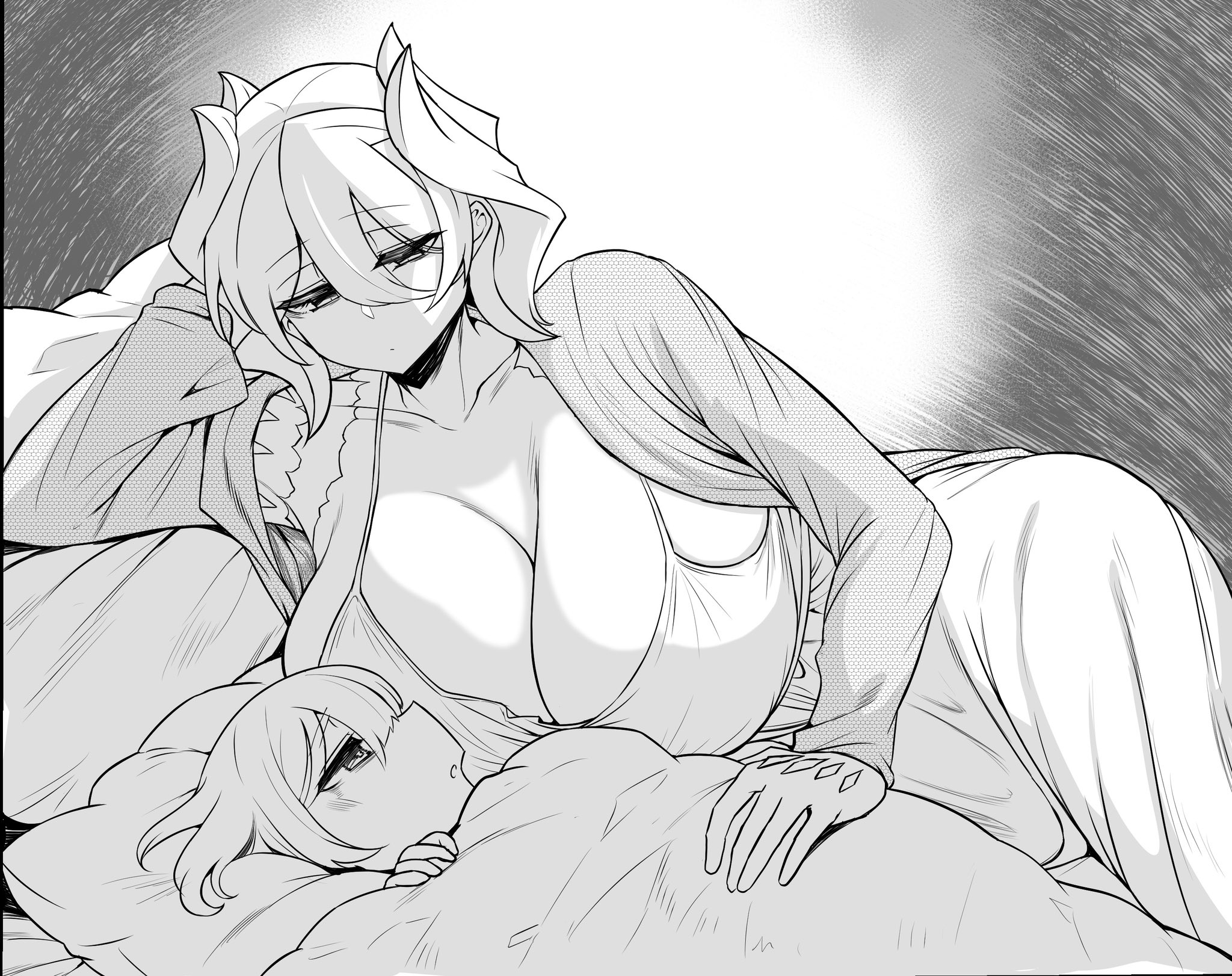 1boy, 1girls, big breasts, breast press, breasts, female, female focus, hair between eyes, half-closed eyes, huge breasts, made in abyss, male, marulk, mature, mature female, milf, monochrome, nightgown, on bed, on side, ozen, short hair, solo focus, yaguchiyuki