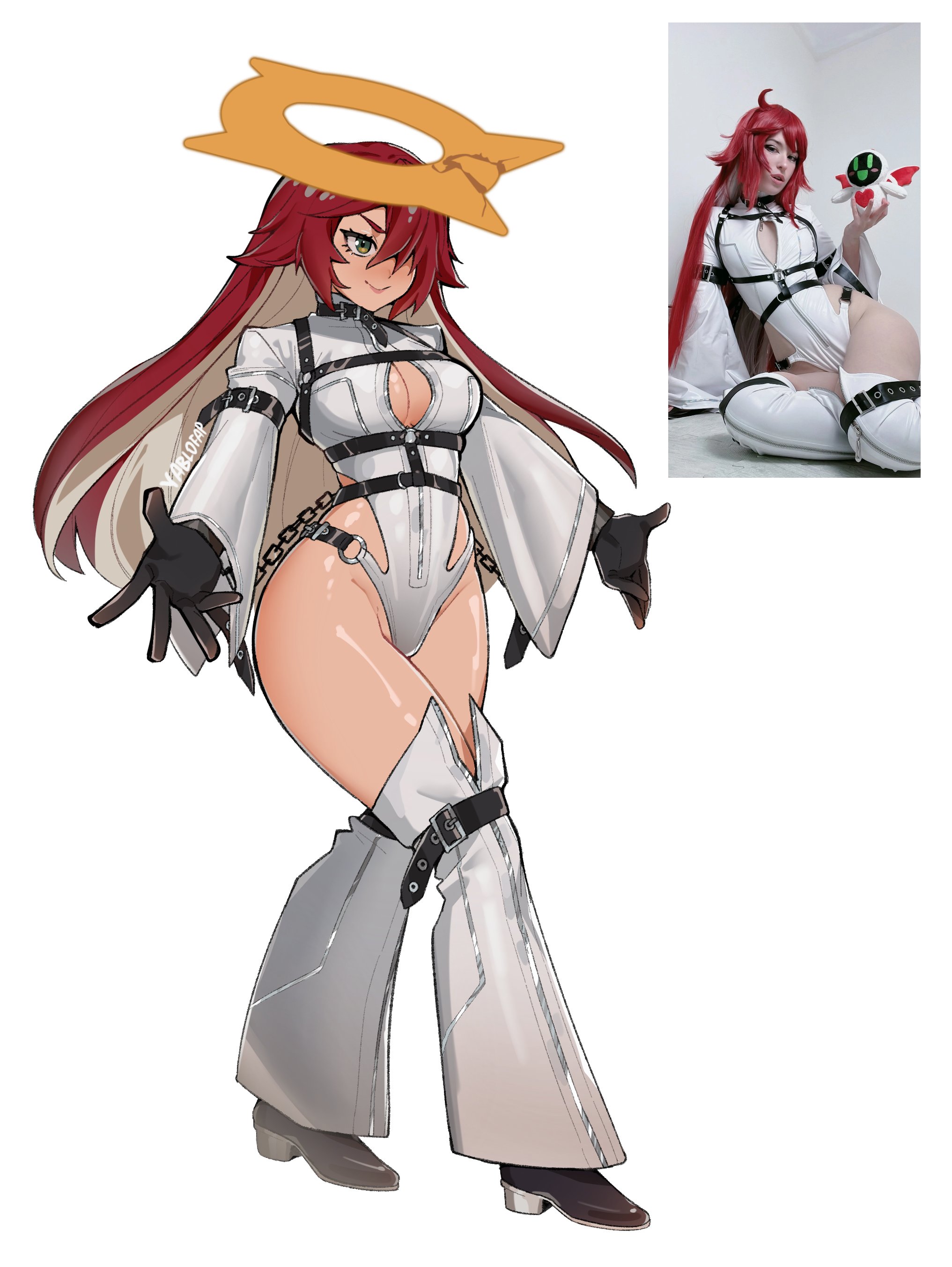 1girls, absurdres, adapted costume, alohapz, belt, black gloves, bodysuit, breasts, cleavage, female, female only, gloves, green eyes, guilty gear, guilty gear strive, hair between eyes, halo, highres, jack-o' valentine, long hair, medium breasts, multicolored hair, real life insert, red hair, simple background, solo, spiked halo, two-tone hair, white background, white bodysuit, white hair, yablofap