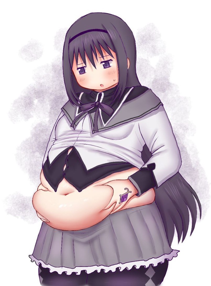 akemi homura, ass, bbw, belly grab, belly overhang, big belly, big female, blush, chubby, chubby female, embarrassed, fat, fat ass, fat female, fat fetish, fat woman, fatty, female, giantess, grabbing belly, large female, mahou shoujo madoka magica, mini giantess, obese, obese female, overweight, overweight female, pig, plump, pork chop, puella magi madoka magica, thick thighs, tubby, weight gain
