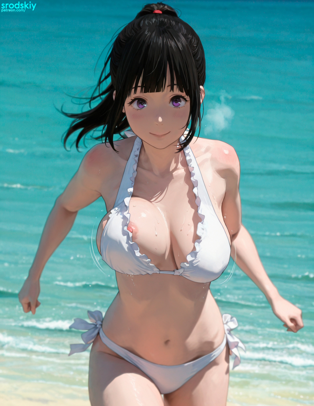 1girls, ai generated, beach, beautiful, bikini, blush, bouncing breasts, breasts, chitanda eru, cute, cute face, female, female only, hips, hyouka, motion lines, nip slip, nipples outside, pov, pov eye contact, running, sagging breasts, schoolgirl, sea, smile, srodskiy, tagme, teenage female, teenager, vulgar, young, younger female