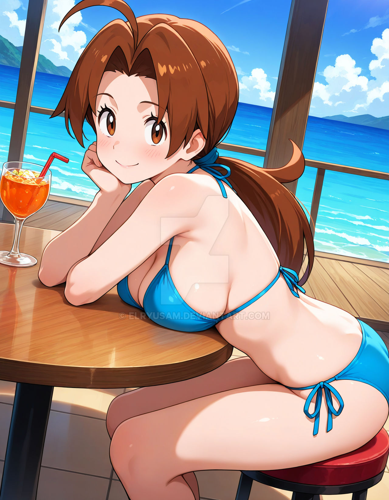 2025, ai generated, anime, ass, beach background, blue bikini, blue hair tie, booty, brown eyebrows, brown ponytail, brown-eyed female, cup on table, delia ketchum (pokemon), drink on table, elryusam, female, hand on head, meta, not porn, open mouth, pink cheeks, pokemon, sitting on chair, sky background