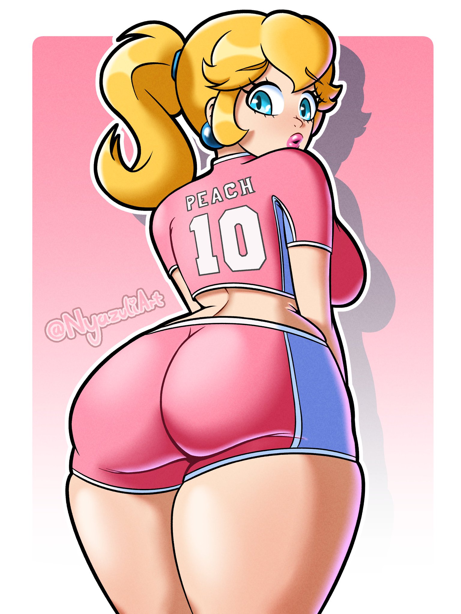 1girls, artist name, ass, ass focus, backboob, blonde hair, blue eyes, bottom heavy, breasts, curvy, earrings, female, female only, high ponytail, large ass, lips, lipstick, looking at viewer, looking back, looking back at viewer, mario (series), mario strikers, nintendo, nyazuliart, pink lipstick, pink shorts, ponytail, princess peach, shirt, shorts, soccer uniform, solo, solo female, solo focus, sportswear, tied hair