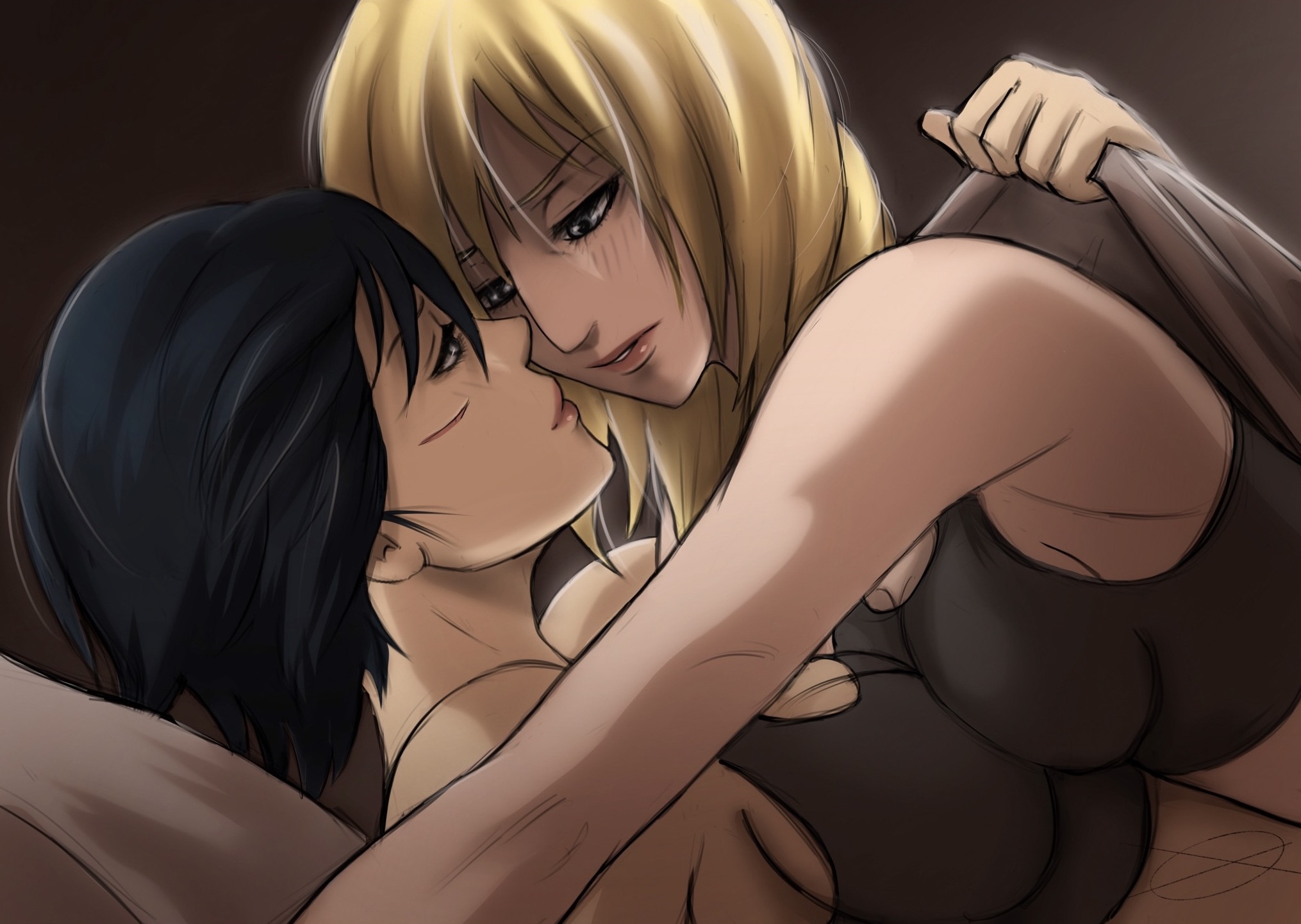 2girls, ahe gao, ahoge, alternate version available, annie leonhardt, arm support, asian, asian female, attack on titan, bed, bed sheet, black hair, black-haired female, blonde female, blonde hair, blonde-haired female, blue eyes, blush, bra, breast press, breasts, female, female only, female/female, grey eyes, highres, indoors, lesbian, lesbians, lip gloss, lipstick, long hair, looking at another, looking down, lying, mikannie, mikasa ackerman, missionary position, multiple females, multiple girls, okonomiyaky, on bed, pink lipstick, scar, shingeki no kyojin, short hair, sports bra, tagme, yuri