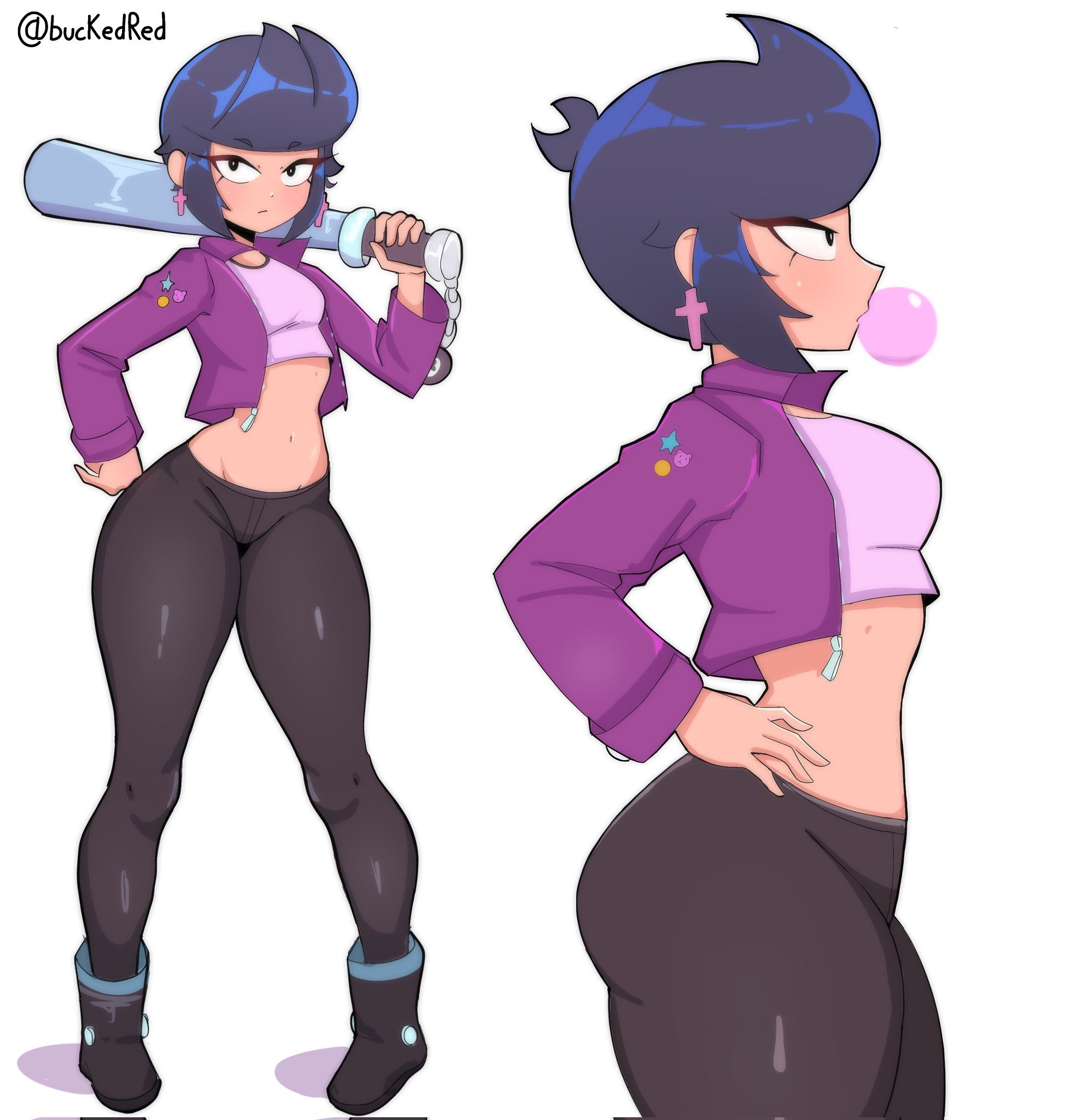 1girls, bibi (brawl stars), big ass, big ass (female), brawl stars, bubble gum, bucketred, leggings, sfw