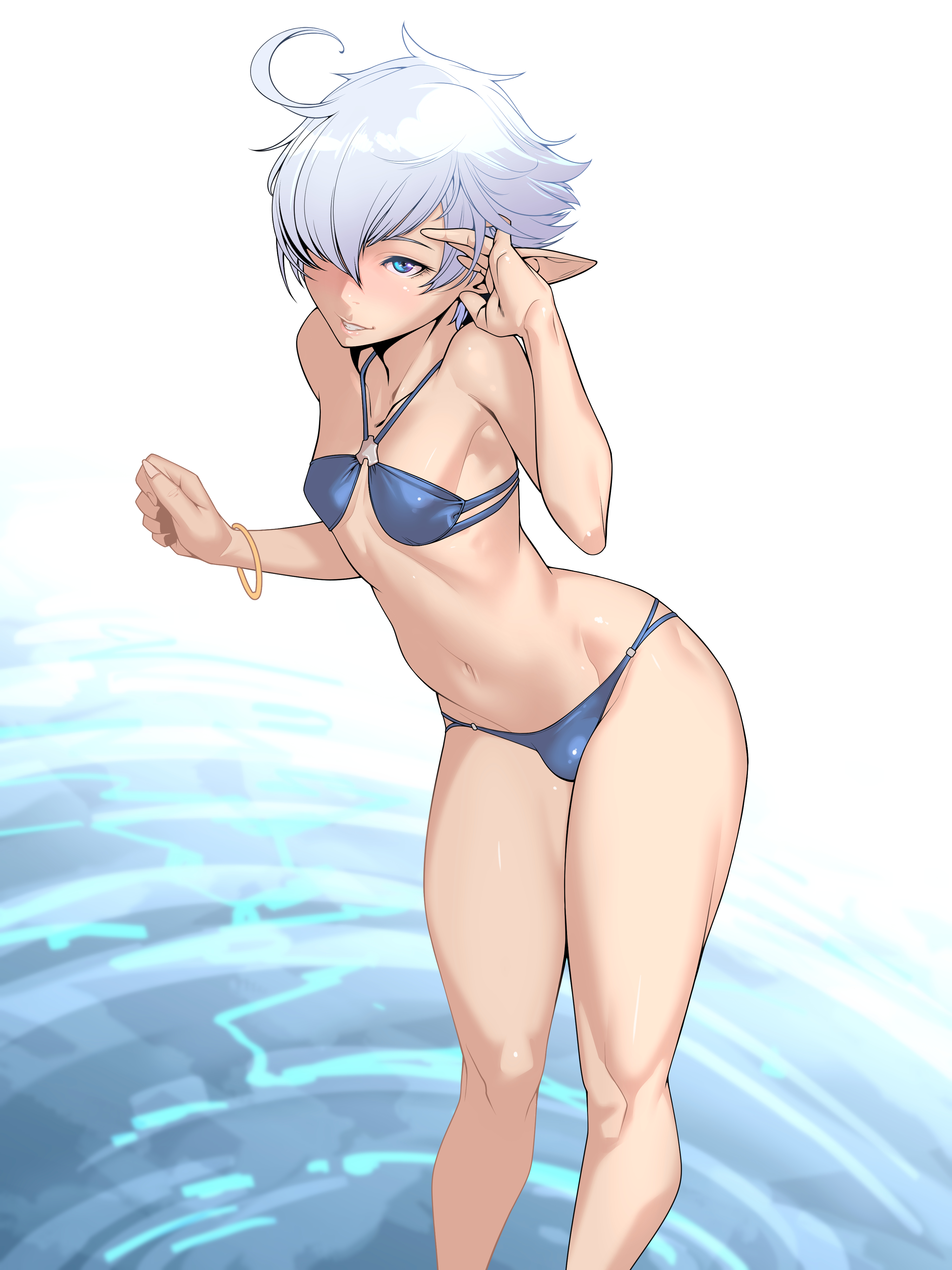 alphinaud leveilleur, bikini, bulge, femboy, final fantasy, final fantasy xiv, girly, male, male only, short hair, solo, standing, tomoyuki kotani, trap, white hair