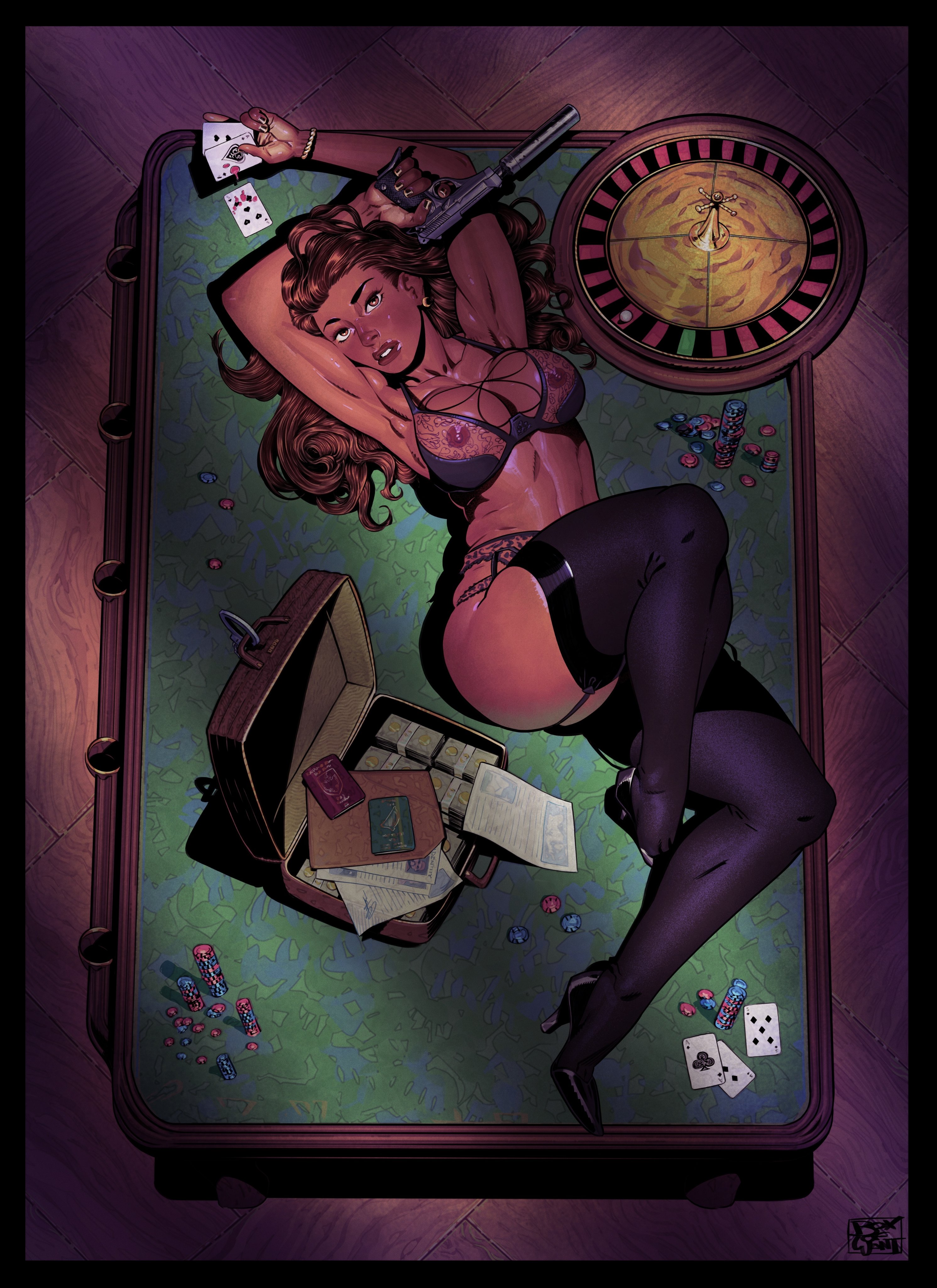 1girls, above view, boxofwant, cards, cleavage, female, heels, lingerie, lying, on table, pistol, roulette table, solo