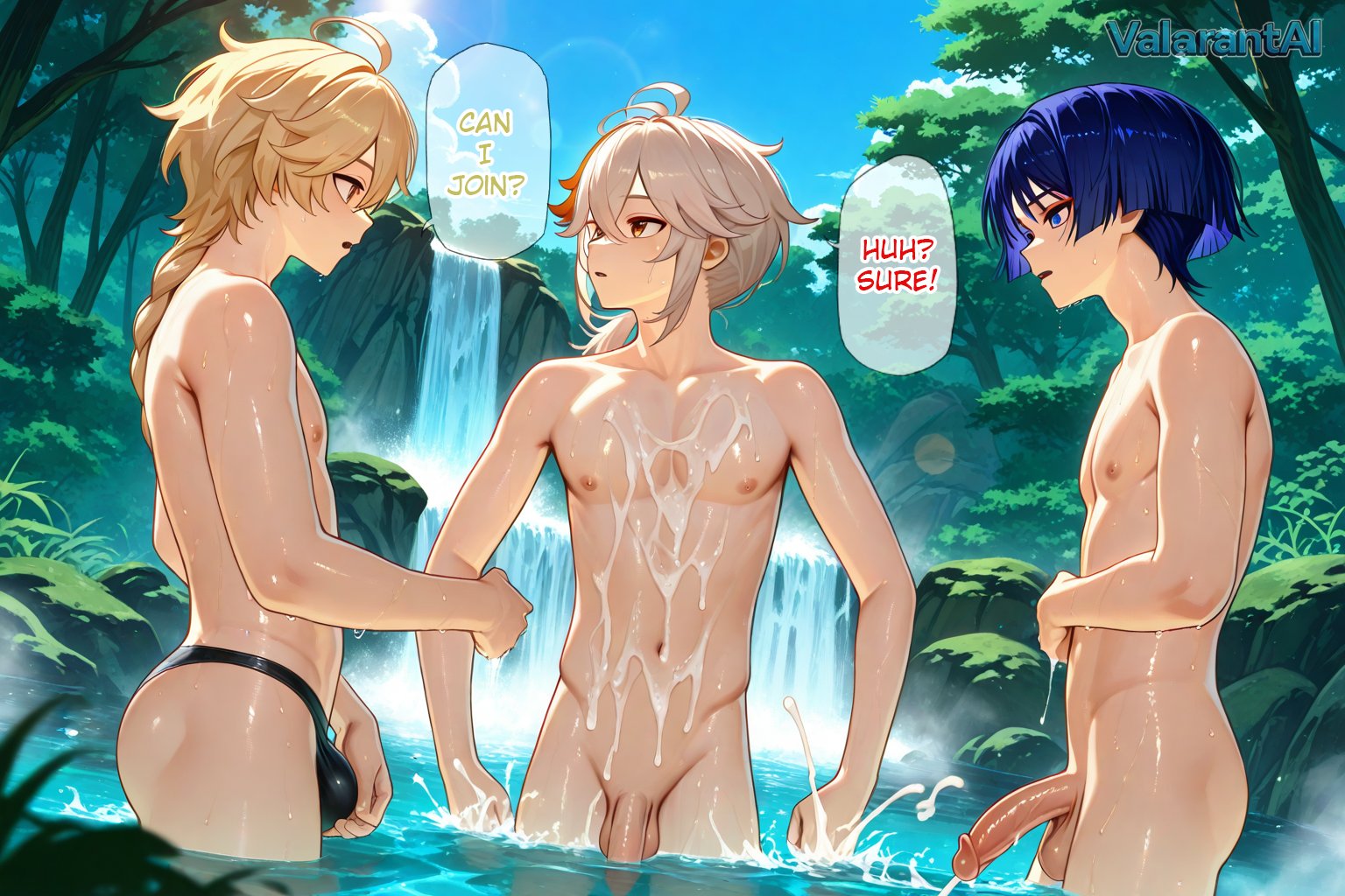3boys, aether (genshin impact), ai generated, balls, big penis, blonde hair, blonde-haired male, blue eyes, blue hair, bulge, bulge through clothing, cock, cum, cum on body, cumming, dialog, dialogue, dick, flaccid, flaccid penis, gay, genshin impact, hoyoverse, jockstrap, jockstrap only, kaedehara kazuha, male, male only, mihoyo, nude, nude male, outdoor nudity, outdoors, penis, scaramouche (genshin impact), tagme, testicles, valarantai, wanderer (genshin impact), water, white hair, yaoi