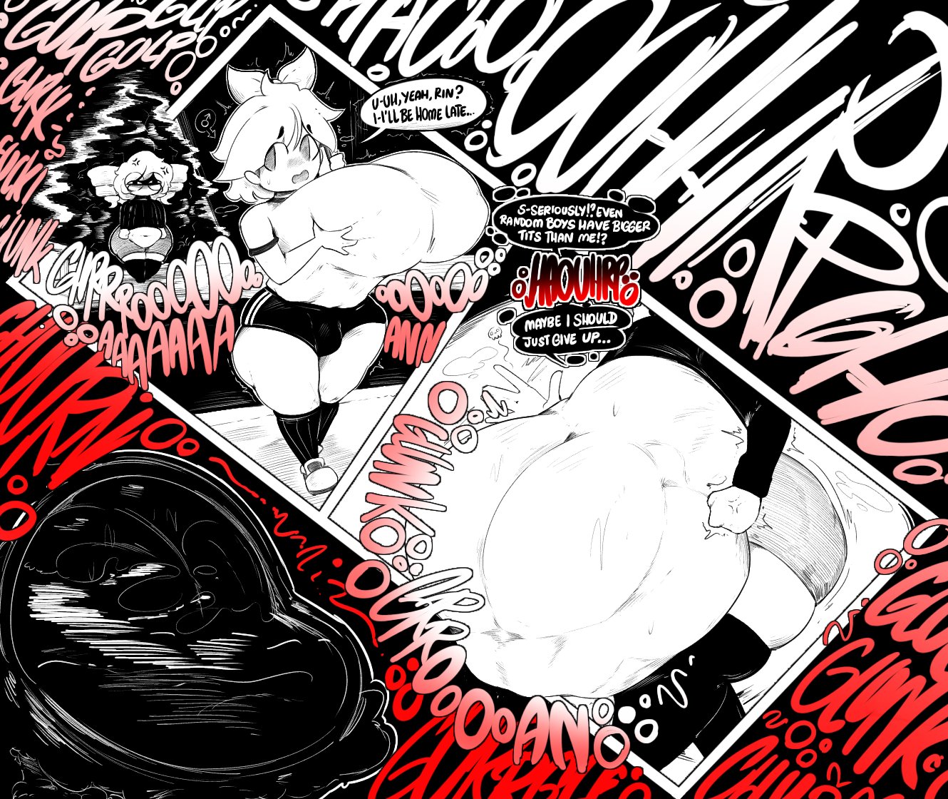 1boy, 1girls, anger vein, arrow (symbol), belly, bow, breast envy, breasts, bulge, busty male, drill hair, eaten, eaten alive, english text, envy, fat, female prey, greyscale, hair bow, holding phone, huge breasts, jealous, jealous female, jealousy, kagamine len, kasane teto, looking at another, male symbol, male with breasts, mars symbol, navel, open mouth, phone, shaded face, shoes, shorts, skindentation, skirt, socks, speech bubble, stomach, thick thighs, thighhighs, thighs, tuppenjskewer, twin drills, utau, vocaloid, vore, vore belly, wavy mouth