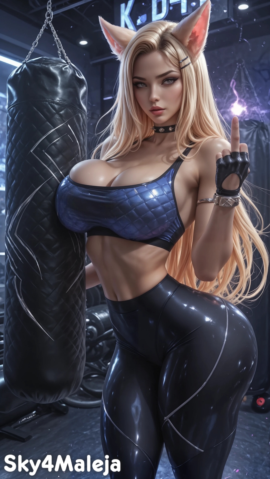 ahri, ahri (league of legends), ai generated, bolt on tits, breast implants, breasts, enhanced breasts, fake breasts, female, fingerless gloves, k/da ahri, k/da all out ahri, k/da all out series, k/da series, large breasts, league of legends, leggings, looking at viewer, middle finger, pose, posing, riot games, seductive, seductive look, seductive pose, sexually suggestive, silicone, silicone implants, skindentation, sky4maleja, sports bra
