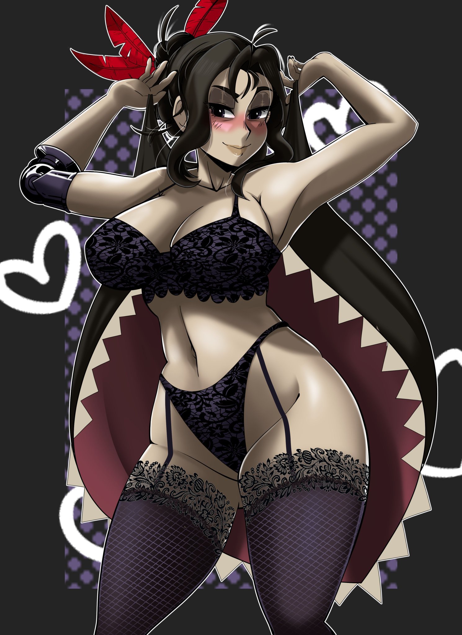 1girls, alternate version available, black bra, black dahlia, black eyes, black hair, black panties, black thighhighs, blush, bottomwear, bra, female, female only, garter belt, garter straps, hair, hair bun, hair ornament, half-closed eyes, headwear, hips, lace, lace trim, lace-trimmed bra, lace-trimmed panties, lace-trimmed thighhighs, legwear, lingerie, lips, panties, skullgirls, solo, solo female, thighhighs, thighs, topwear, vicdezart