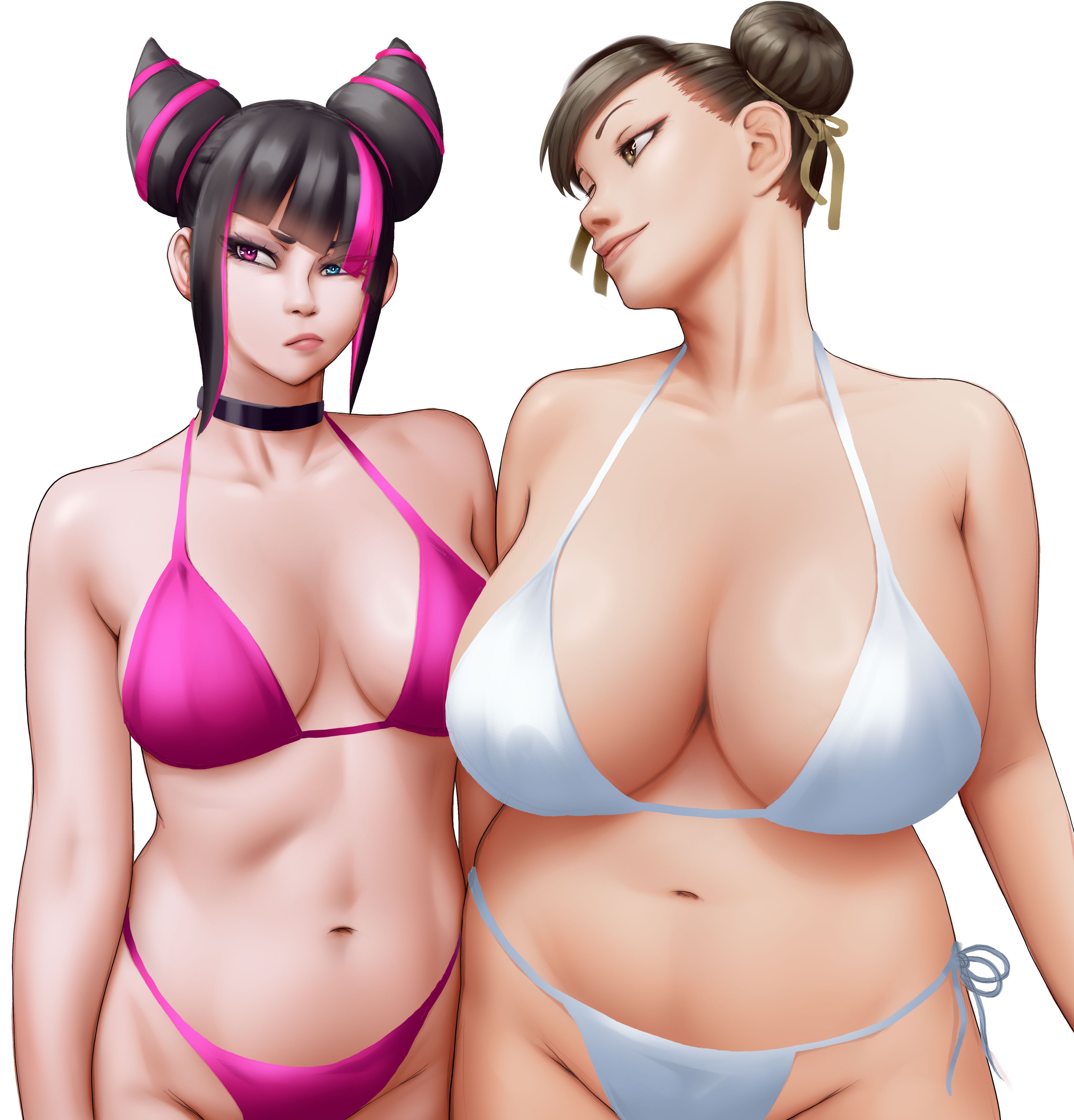 2girls, alternate version available, big breasts, bikini, breast envy, breast size difference, breasts, capcom, chubby, chubby female, chun-li, cleavage, croissama, female, female only, huge breasts, juri han, mother daughter boob envy (meme), street fighter