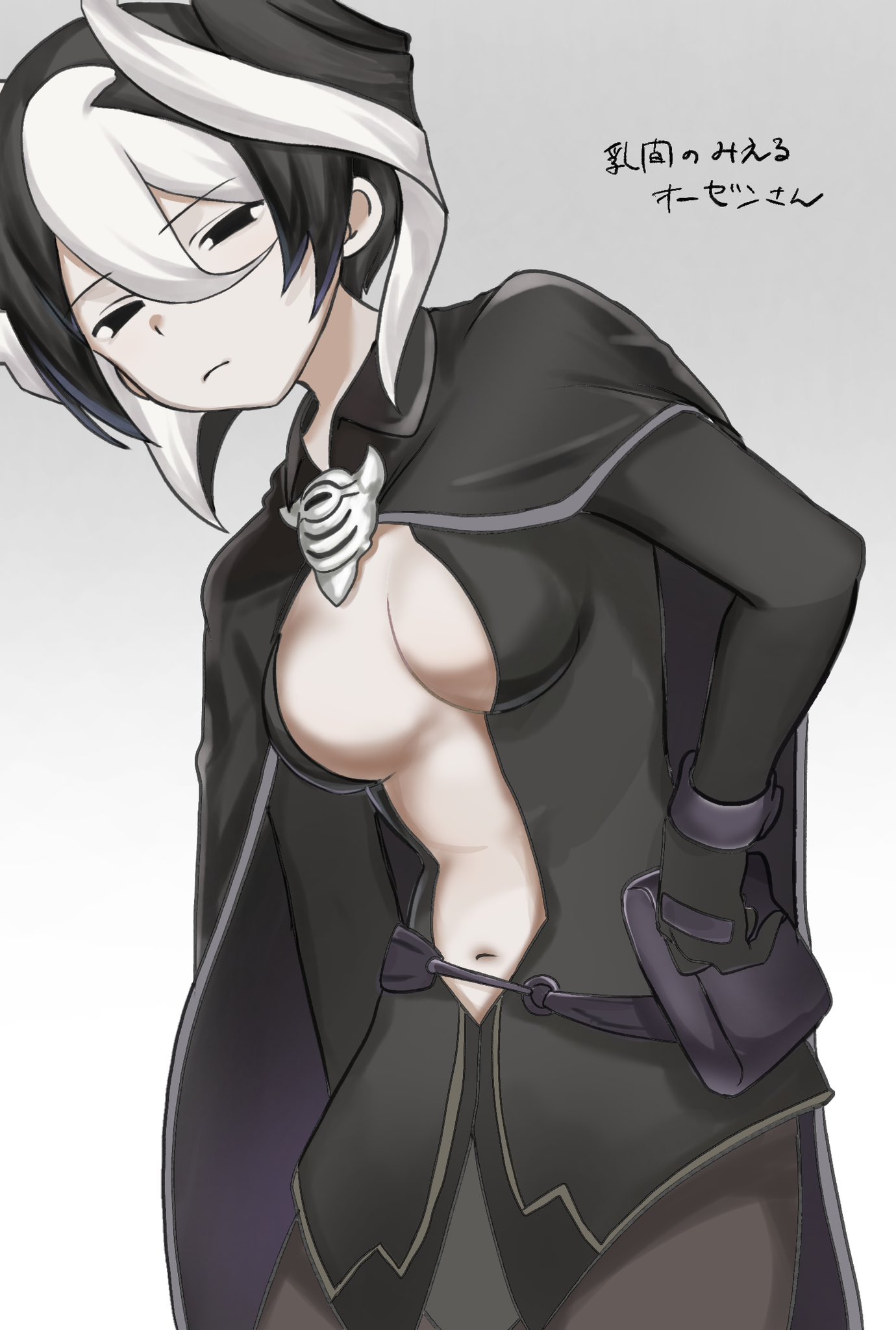 black and white hair, black eyes, breasts, breasts apart, cleavage, expressionless, female, female only, hair between eyes, inner sideboob, kinokop, light skin, light-skinned female, looking at viewer, made in abyss, medium breasts, no bra, ozen, pale skin, pale-skinned female, short hair, solo, two-tone hair