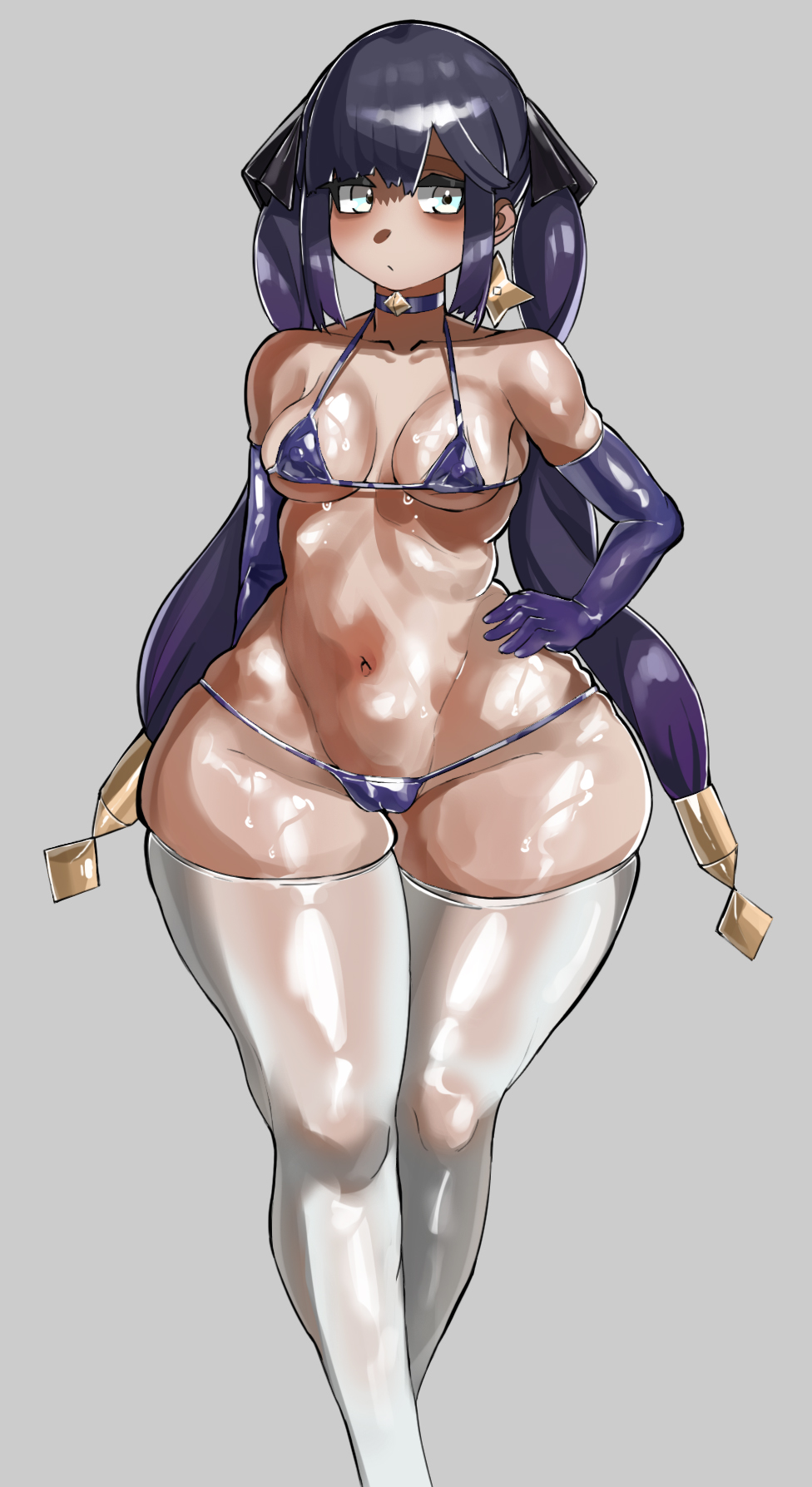 armwear, ass, bikini, choker, earrings, genshin impact, latex, legwear, long hair, mona (genshin impact), pose, standing, thick ass, thick hips, thick legs, thick thighs, twintails, wide hips