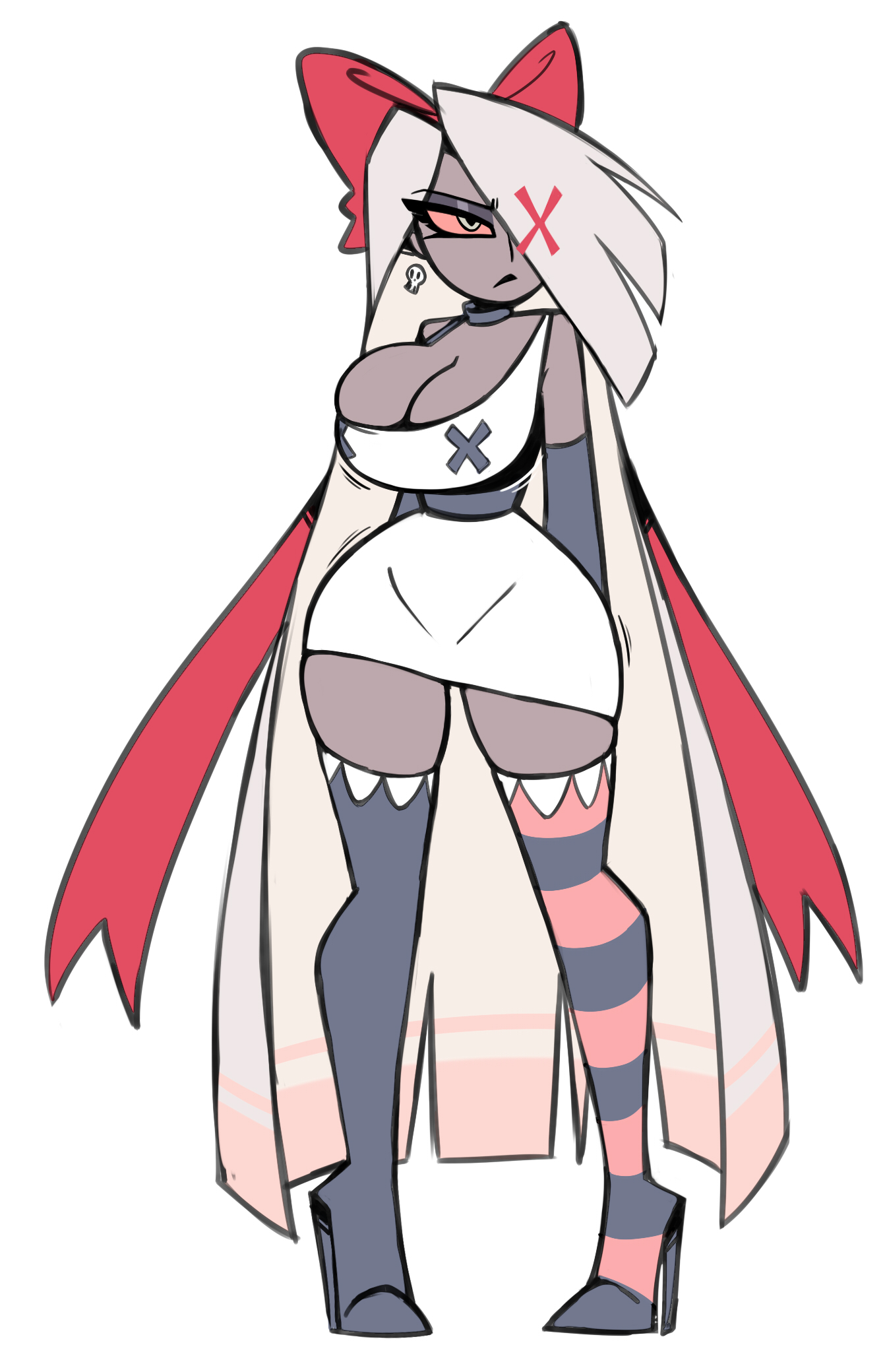 1girls, alternate breast size, angel, big breasts, breasts, breasts out, clothed, curvy, fallen angel, female, female only, grey topwear, hazbin hotel, heels, hellaverse, highres, lesbian, nelljoestar, thick thighs, thigh highs, vaggie (hazbin hotel), vivienne medrano