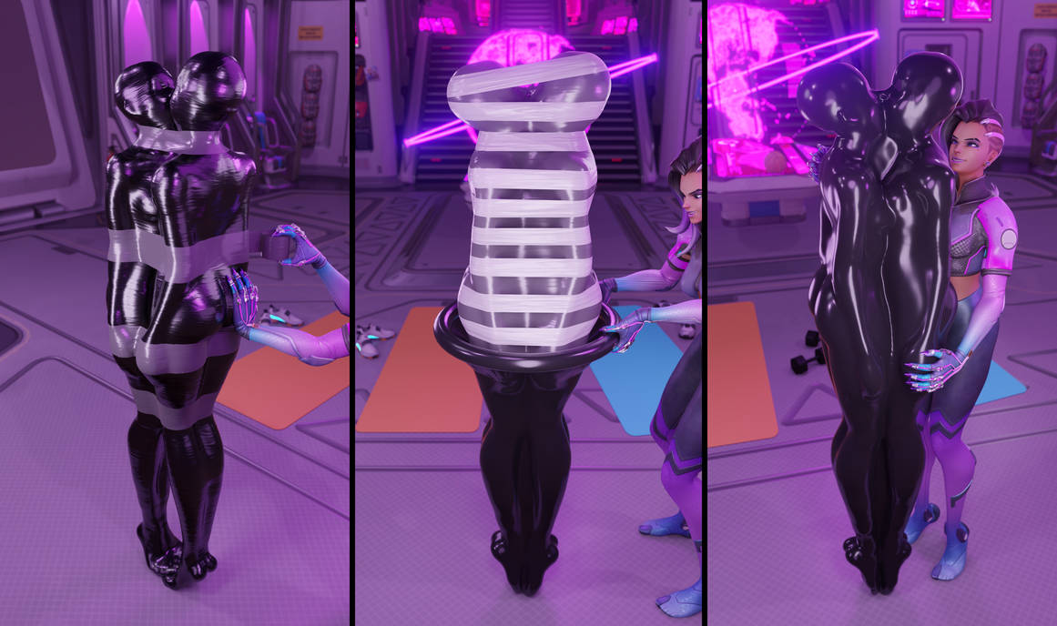 3d, 3d (artwork), 3girls, barefoot, bondage, cameltoe, d.va, d.va (overwatch 2 suit), feet, female, female focus, female only, foot fetish, gag, hiddenrender, latex, mummification, overwatch, overwatch 2, overwatch league, pussy, skin tight, skinsuit, sombra, tagme, tape, tape bondage, tape gag, taped hands, taped legs, tracer, tracer (overwatch 2 suit)