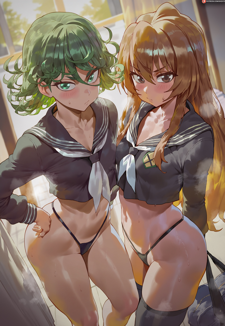 2girls, ai assisted, ai generated, aisaka taiga, black panties, black sailor collar, black serafuku, black thighhighs, brown eyes, brown hair, closed mouth, collarbone, crossover, female, female only, green eyes, green hair, hair between eyes, highres, long hair, looking at viewer, multiple females, multiple girls, neckerchief, one-punch man, panties, patreon logo, patreon username, petite, petite body, petite female, sailor collar, school uniform, serafuku, shexyo, short hair, standing, tatsumaki, thighhighs, thighs, toradora!, underwear, white neckerchief