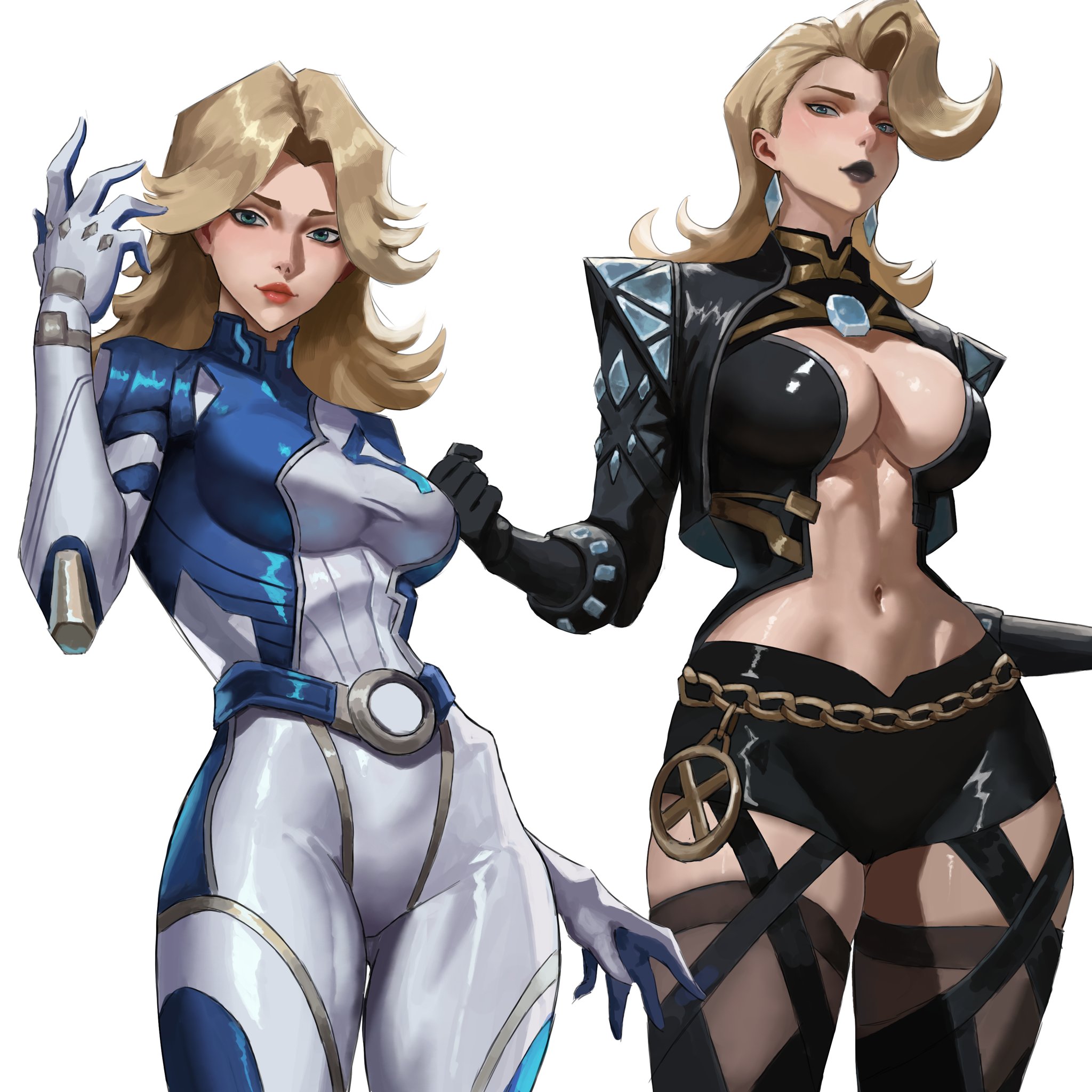 2d, 2girls, akinoshi, ass, big ass, big breasts, big thighs, black lipstick, blonde female, blonde hair, boots, breasts, bust, busty, chest, closed mouth, closed mouth smile, clothed, clothed female, curvaceous, curvy, curvy figure, digital media (artwork), elbow gloves, emma frost, emma frost (marvel rivals), emma frost (x-revolution), eyelashes, fantastic four, female, full lips, gloves, high heel boots, high heels, hips, hourglass figure, huge ass, huge breasts, huge thighs, invisible woman, invisible woman (marvel rivals), large ass, large breasts, large thighs, legs, light skin, light-skinned female, long gloves, marvel, marvel comics, marvel rivals, mature, mature female, mutant, mutant (marvel), slim waist, smile, smiling, sue richards, sue storm, superheroine, thick, thick hips, thick legs, thick thighs, thigh boots, thigh highs, thighhigh boots, thighhighs, thighs, voluptuous, waist, white queen, wide hips, wide thighs, x-men
