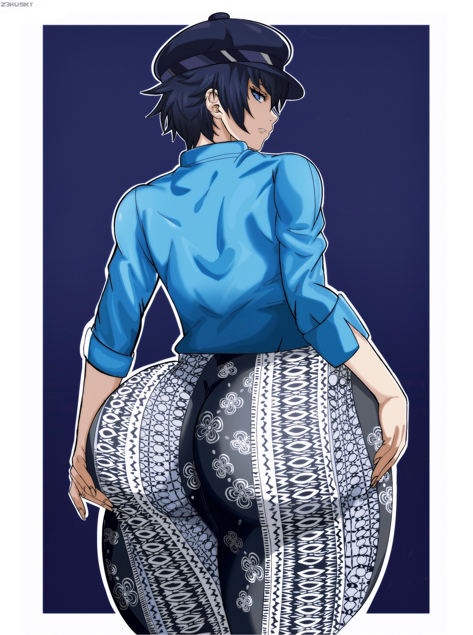 1girls, ass, big ass, blue eyes, blue hair, bottom heavy, bubble ass, bubble butt, clothing, fat ass, female, female only, flare pants, forbidden pants, hands on ass, hands on own ass, hat, huge ass, large ass, looking at viewer, looking back, newsboy cap, persona, persona 4, shirogane naoto, shirt, solo, thick ass, thick thighs, wide hips, z3husky