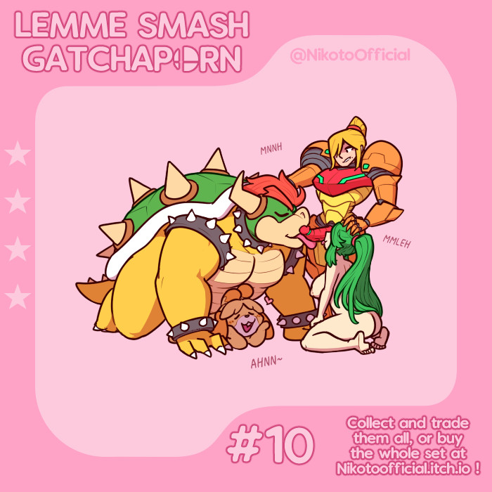animal crossing, anthro, bisexual, bowser, breasts, canid, canine, canis, domestic dog, female, green hair, group sex, isabelle (animal crossing), kid icarus, kid icarus uprising, male, mario (series), metroid, nikoto all-stars smashing, nude, palutena, samus aran, size difference, strap-on, strapon, super smash bros., tongue, tongue out