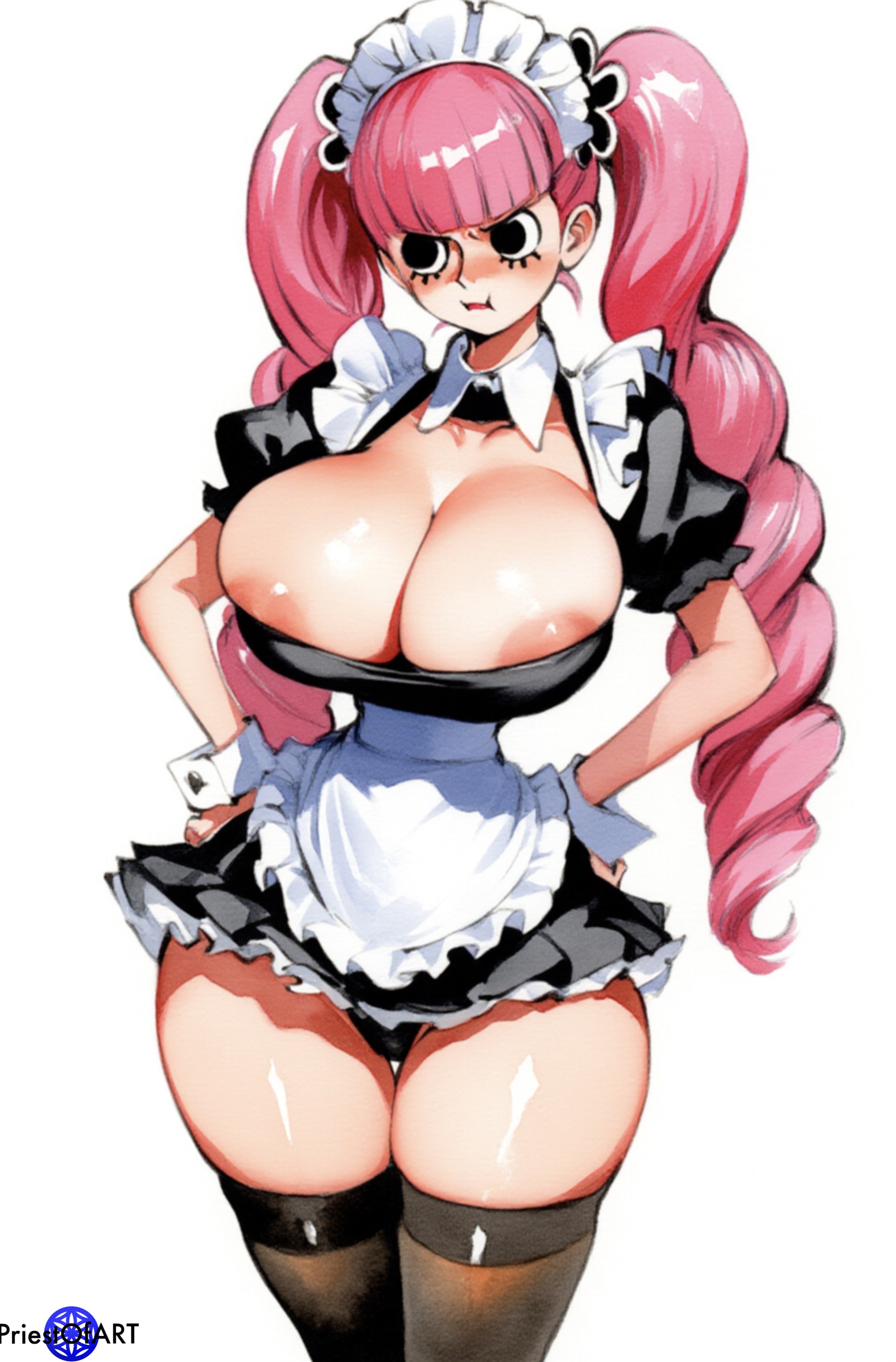 1girls, ai generated, apron, areola, areola slip, arms at sides, blush, breasts, busty, clothing, color, double bun, embarrassed, female, female only, huge breasts, large breasts, maid, maid outfit, maid uniform, narrow waist, one piece, perona, pink hair, pink-haired female, priestofart, simple background, solo, solo female, stockings, tagme, tagme (artist), tagme (character), thighhighs, watercolor (artwork), watermark, white background, wide hips