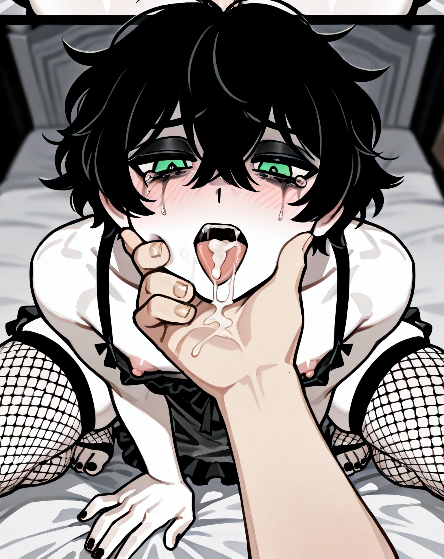 2boys, after fellatio, after oral, ai generated, andrew graves, aroused, bed, black hair, black nails, close-up, crossdressing, cum, cum in mouth, cum on tongue, femboy, feminine male, fishnet legwear, gay, goth, hand under chin, holding face, male, male only, male/male, nightgown, pale-skinned femboy, pov, reneenjoyer, ruined makeup, runny makeup, see-through, solo focus, tears, the coffin of andy and leyley, thighhighs, toeless legwear
