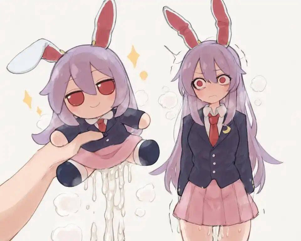 1boy, after sex, clothed, cum, cum drip, doll, female, fumo plush, male, playaikaiseasy, plush doll, plushie, plushophilia, rabbit ears, rabbit girl, red eyes, reisen udongein inaba, skirt, sparkle doll meme, sparkles, steam, touhou, trembling, voodoo, voodoo doll, 玩艾卡玩的 轻離