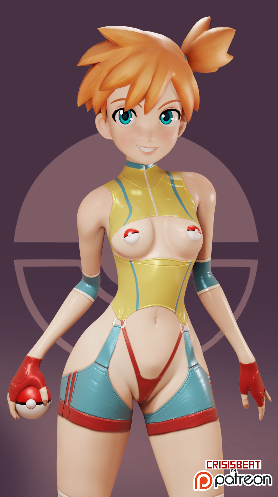 1girls, 3d, adapted costume, alternate outfit, clothed, crisisbeat, female, human, human only, kasumi (pokemon), nintendo, pasties, poke ball pasties, pokemon, solo, text, watermark