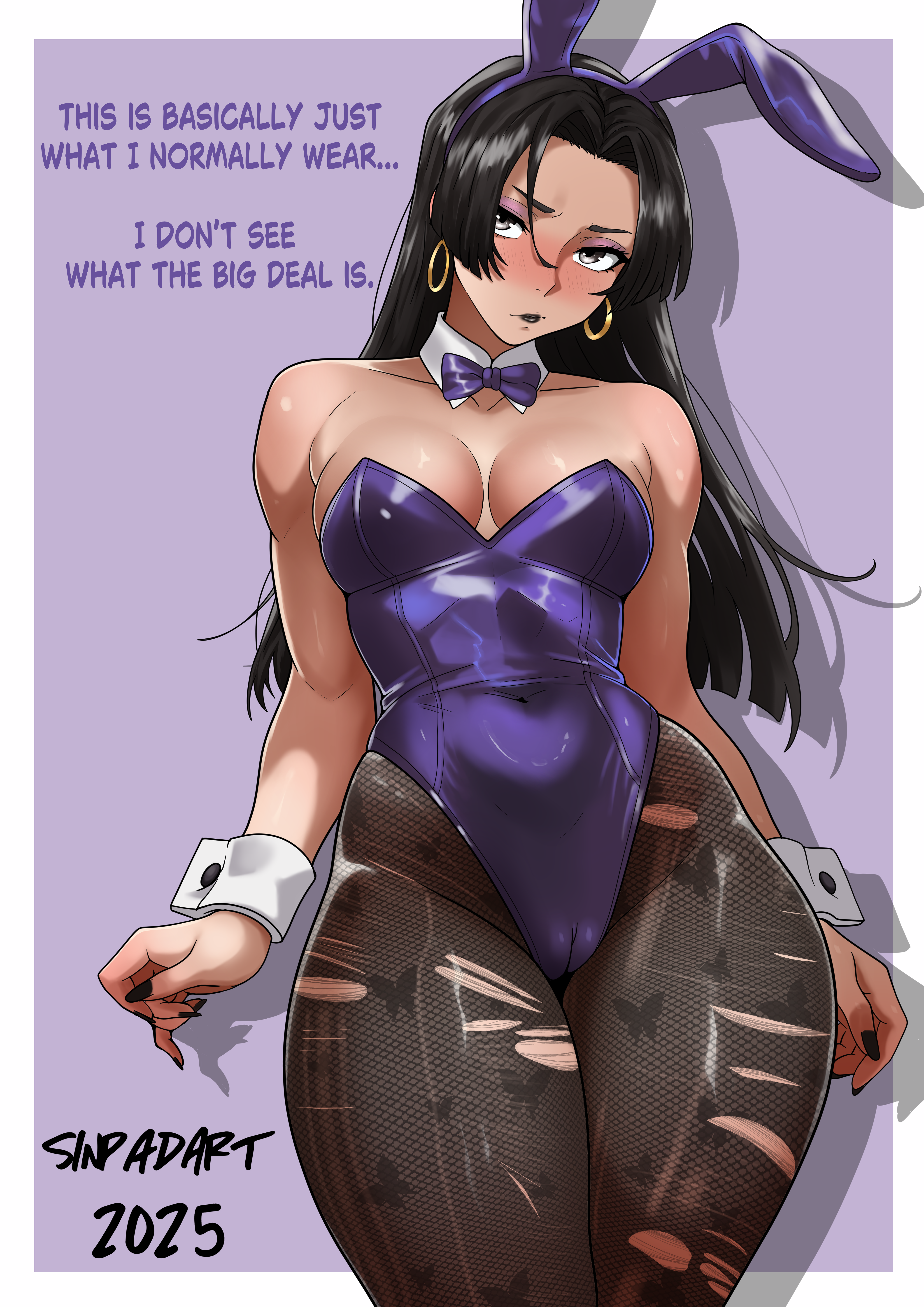 1girls, absurdres, alternate costume, animal ear hairband, animal ears, artist name, black hair, black pantyhose, blue bow, blue bowtie, blue leotard, bow, bowtie, breasts, cameltoe, clothed, clothed female, detached collar, earrings, english text, fake animal ears, female, hairband, highleg, highleg leotard, highres, hoop earrings, jewelry, leotard, long hair, marvel, marvel comics, marvel rivals, medium breasts, outside border, pantyhose, playboy bunny, psylocke, psylocke (sai) (vengeance), purple background, purple eyes, pussy, rabbit ears, shadow, sinpadart, solo, strapless, strapless leotard, torn clothes, torn pantyhose, two-tone background, wrist cuffs, x-men