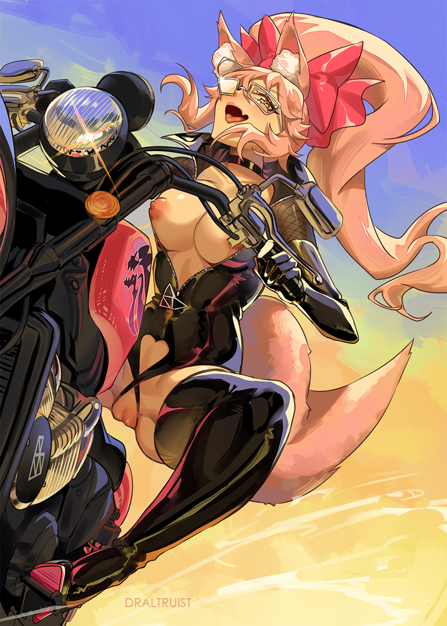 animal ears, bodysuit, draltruist, fate (series), fate/grand order, female, female only, koyanskaya (assassin), koyanskaya (fate), motorcycle, no bra, no panties, wardrobe malfunction