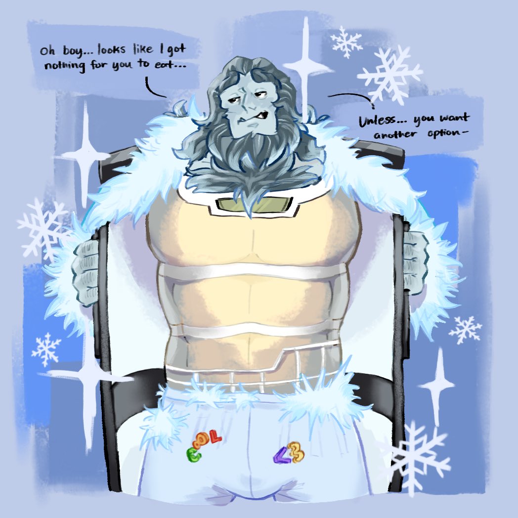 bara, blush, bushy eyebrows, coat, curly hair, date everything, dialogue, freddy yeti (date everything), fridge, hairy, hairy arms, hairy chest, hairy male, long hair, looking back, male, male focus, male only, monster, offering, offering to viewer, smile, yaoi, yeti