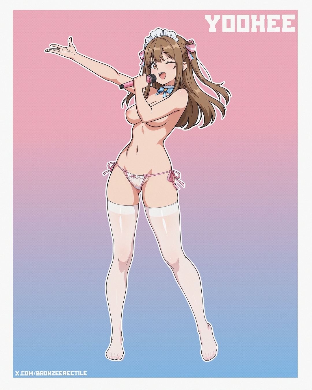 1girls, arms up, breasts, bronzeerectile, brown eyes, brown hair, buronjin, female, female only, functionally nude, girls' frontline, girls' frontline 2: exilium, hair ribbon, idol, k2 (girls' frontline), long hair, maid headdress, medium breasts, microphone, nipples, one eye closed, open mouth, panties, pinup, singing, text, thighhighs, topless, white legwear, wink, yoohee (girls' frontline 2)