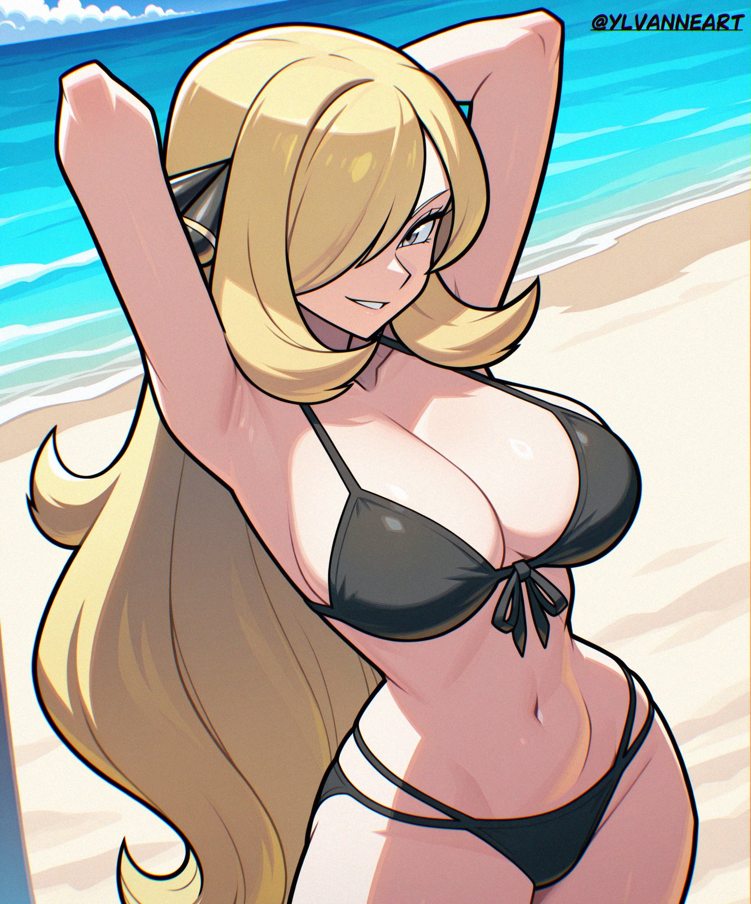 1girls, ai generated, beach, black bra, black panties, blonde hair, bra, breasts, cynthia (pokemon), female, female only, hair ornament, hair over one eye, highres, large breasts, long hair, nintendo, ocean, panties, pokemon, pokemon dppt, smile, solo, sun, sweat, thighs, twitter username, underwear, very long hair, ylvanne