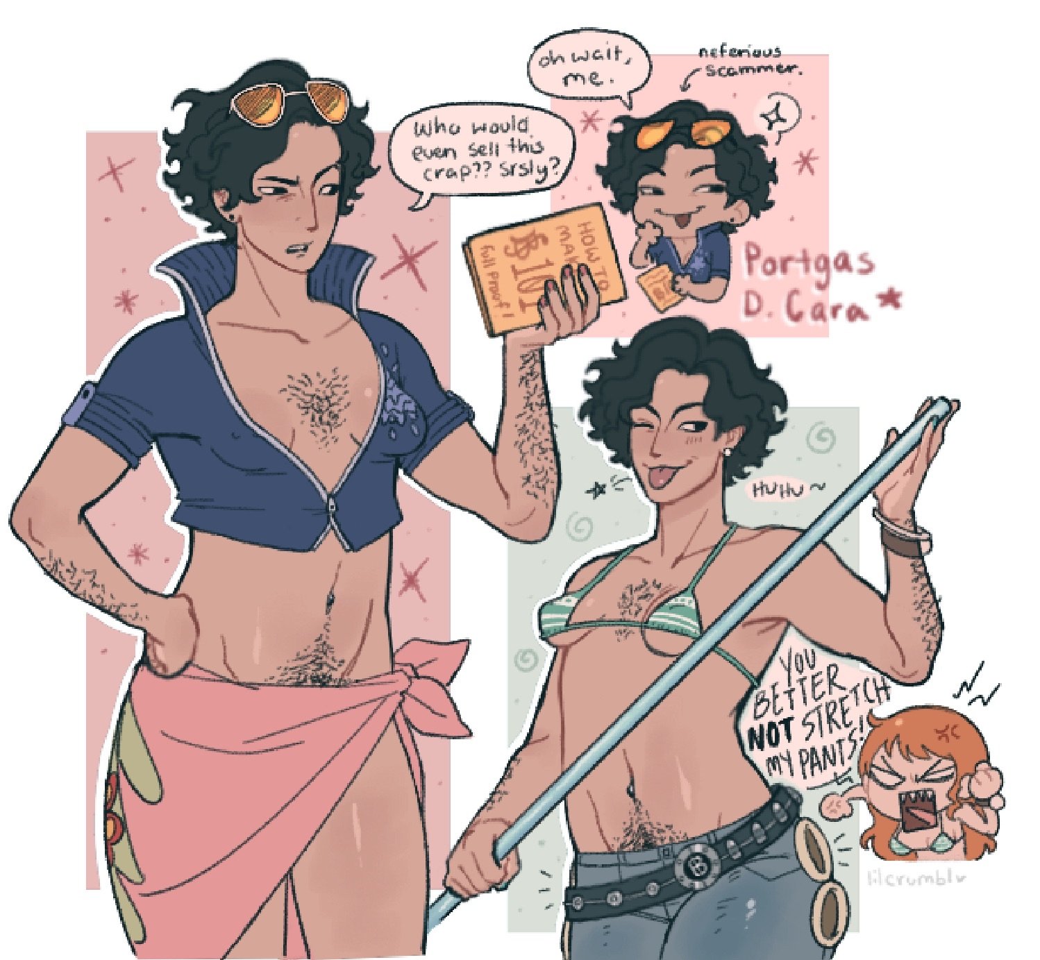 1boy, 1girls, 2d, alternate costume, ambush (trap), bikini, bikini top, black eyes, black hair, body hair, breasts, cahara, chest hair, clothing, cosplay, crossdressing, crossover, english text, fear and hunger, female, gay, gay male, jeans, lilcrumbl, male, male focus, male with breasts, masculine crossdresser, nami, nami (cosplay), nami (one piece), nami (one piece) (cosplay), nico robin, nico robin (cosplay), no bra, one piece, orange hair, pubic hair, sarong, short hair, smile, sunglasses, sunglasses on head, tan skin, tongue, tongue out, wink