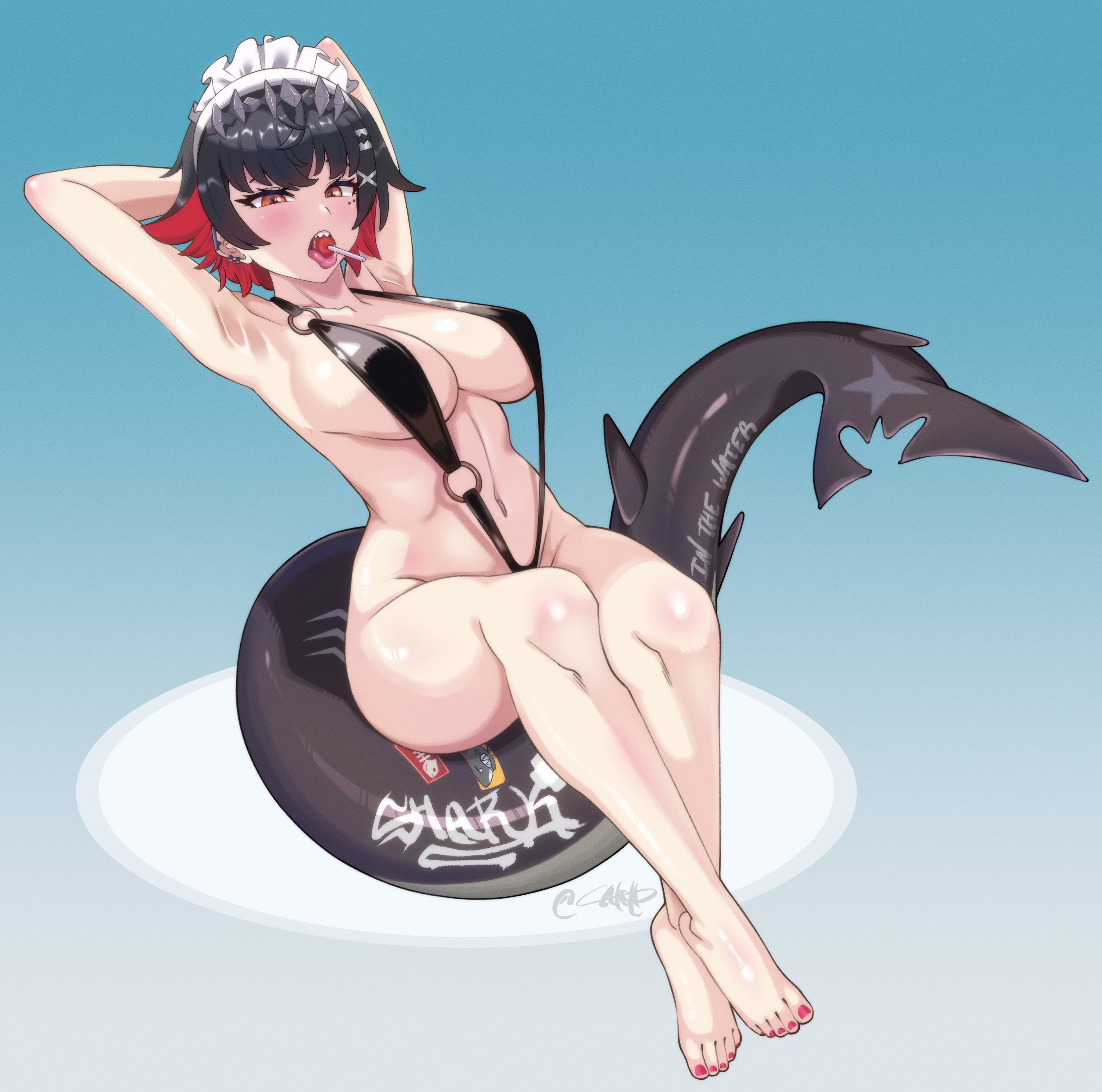 alternate version available, breasts, ellen joe, female, latsh, maid headdress, shark girl, sideboob, sling bikini, tail, zenless zone zero