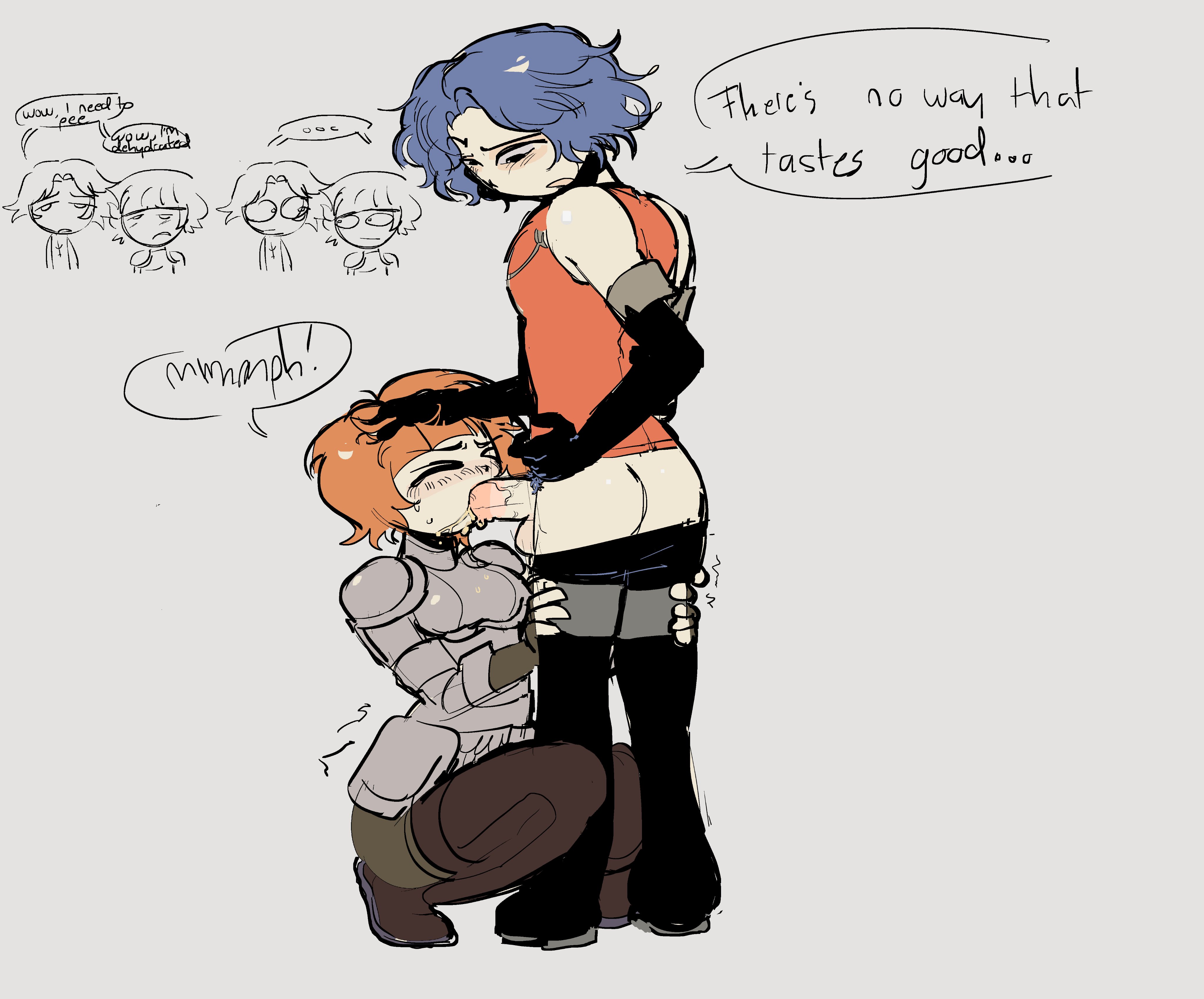 1boy, 1girls, armor, ass, balls, blowjob, blue hair, blush, cahara, d'arce, elbow gloves, english text, fear and hunger, fellatio, female, female knight, gloves, hair grab, knight, lordofassid, male, oral, orange hair, pants down, peeing, peeing in mouth, penis, penis in mouth, piss drinking, short hair, squatting, straight, tears, urination, urine, urine in mouth
