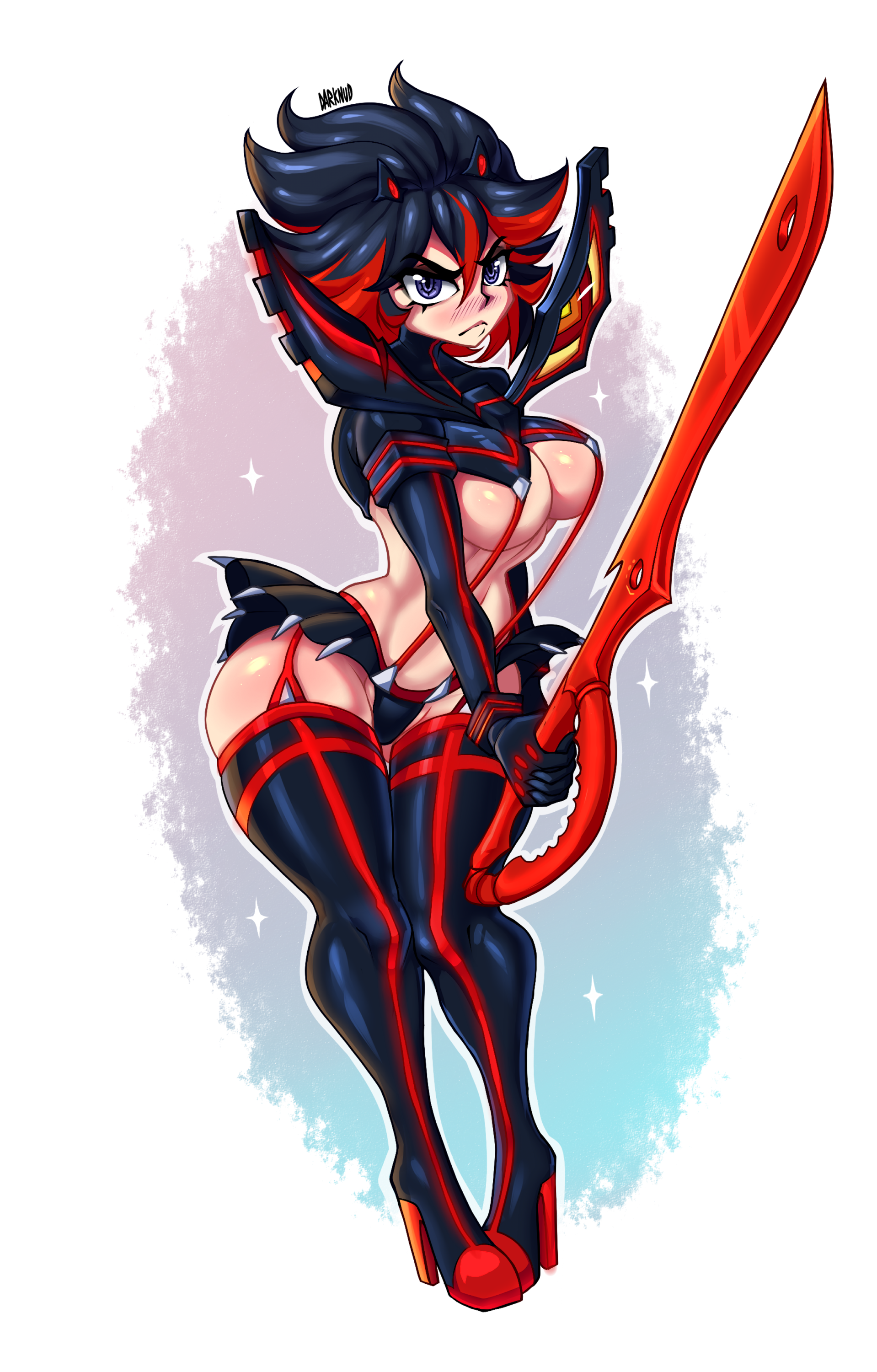 1girls, black hair, breasts, cleavage, clothing, curvy, darknud, female, female only, hair, kill la kill, matoi ryuuko, medium breasts, senketsu, solo, sword, thick thighs, thighhighs
