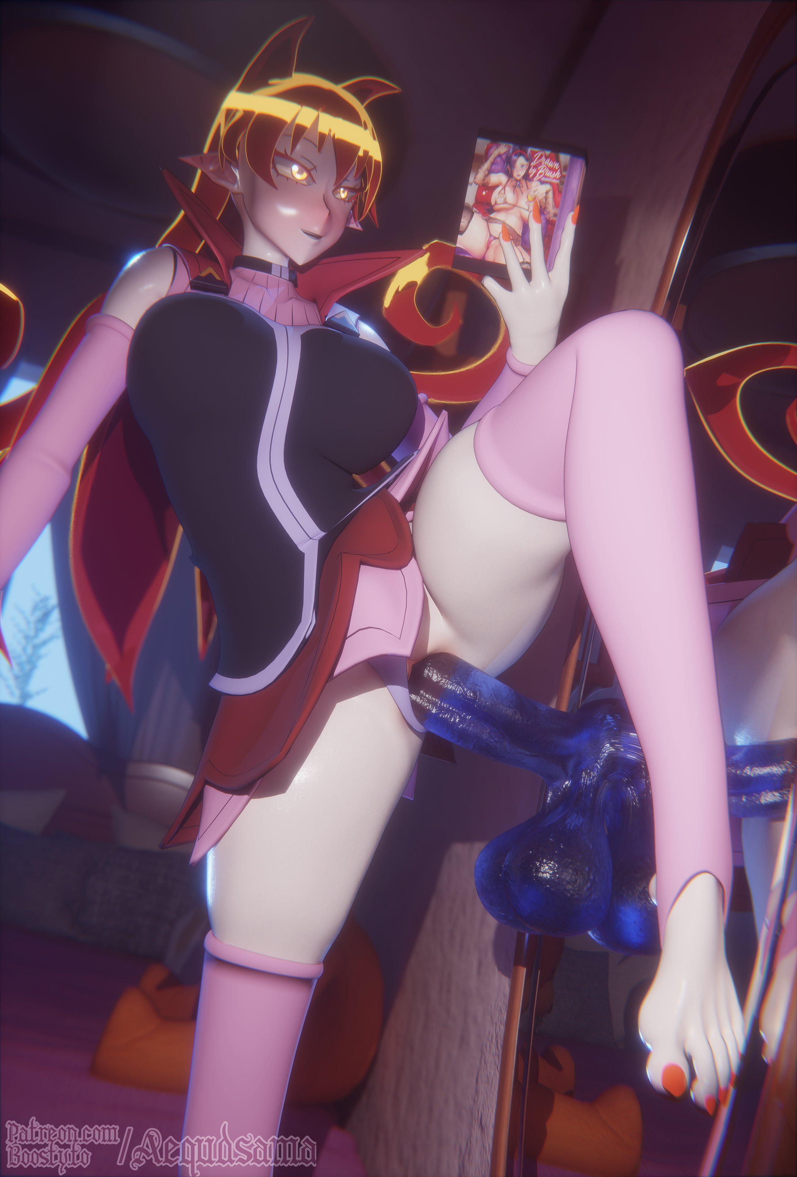 1girls, 3d, 3d (artwork), aequd, aequdsama, arm warmers, armpits, ass, azazel ameri, breasts, clothed, clothed female, dildo, dildo in pussy, dildo insertion, dildo penetration, elf ears, feet, female, female only, full body, large breasts, long hair, long-haired female, looking at porn, mairimashita! iruma-kun, masturbation, orange eyes, orange hair, orange nails, panties aside, pussy, shirt, skirt, solo, solo female, stirrup socks, stirrup stockings, thigh squish, toes